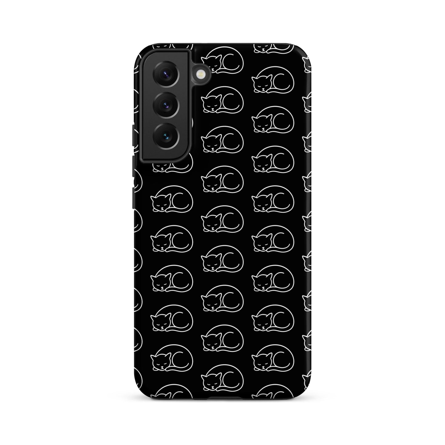 Phone Case for Samsung Galaxy featuring a cute curled-up cat pattern on a black background.