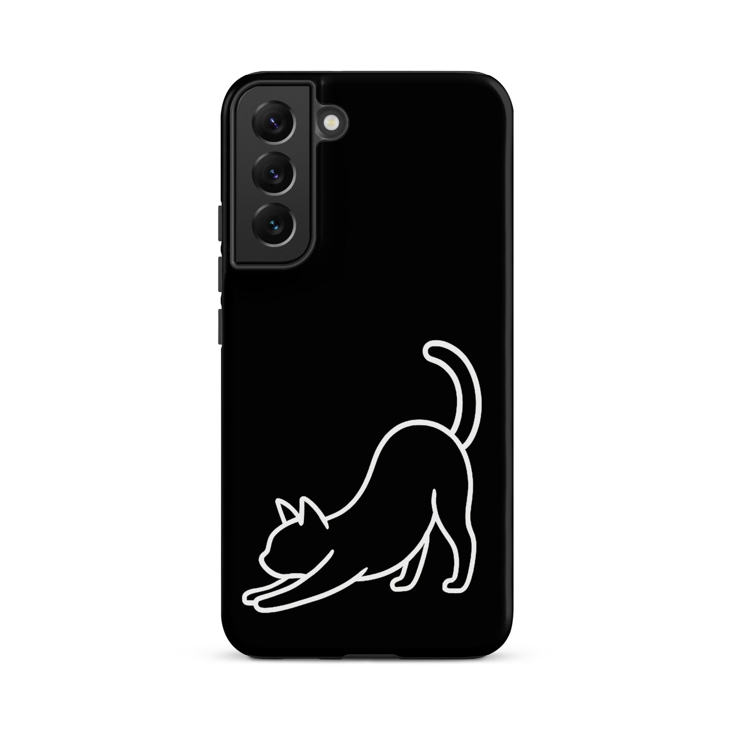 Phone Case for Samsung Galaxy featuring minimalist cat design in a stretching pose on a sleek black background.