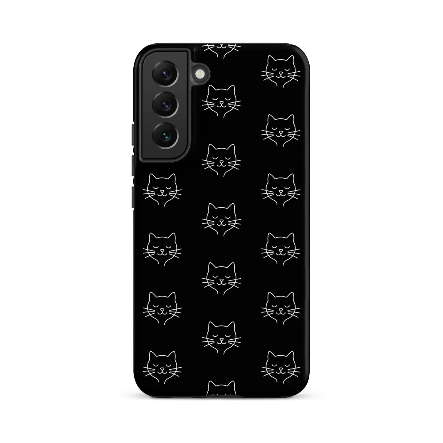 Phone Case for Samsung Galaxy featuring a cute minimalist cat pattern design on a black background.