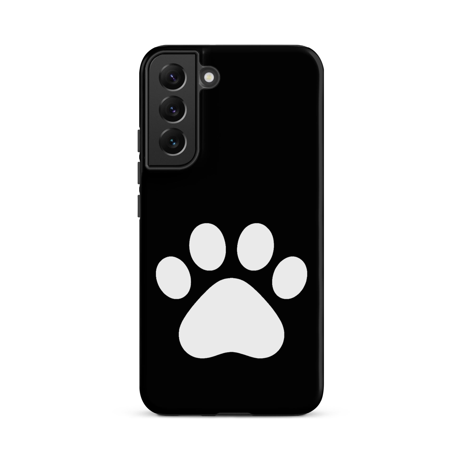 Phone Case for Samsung Galaxy featuring a sleek white paw print design on a black background, perfect for pet lovers.