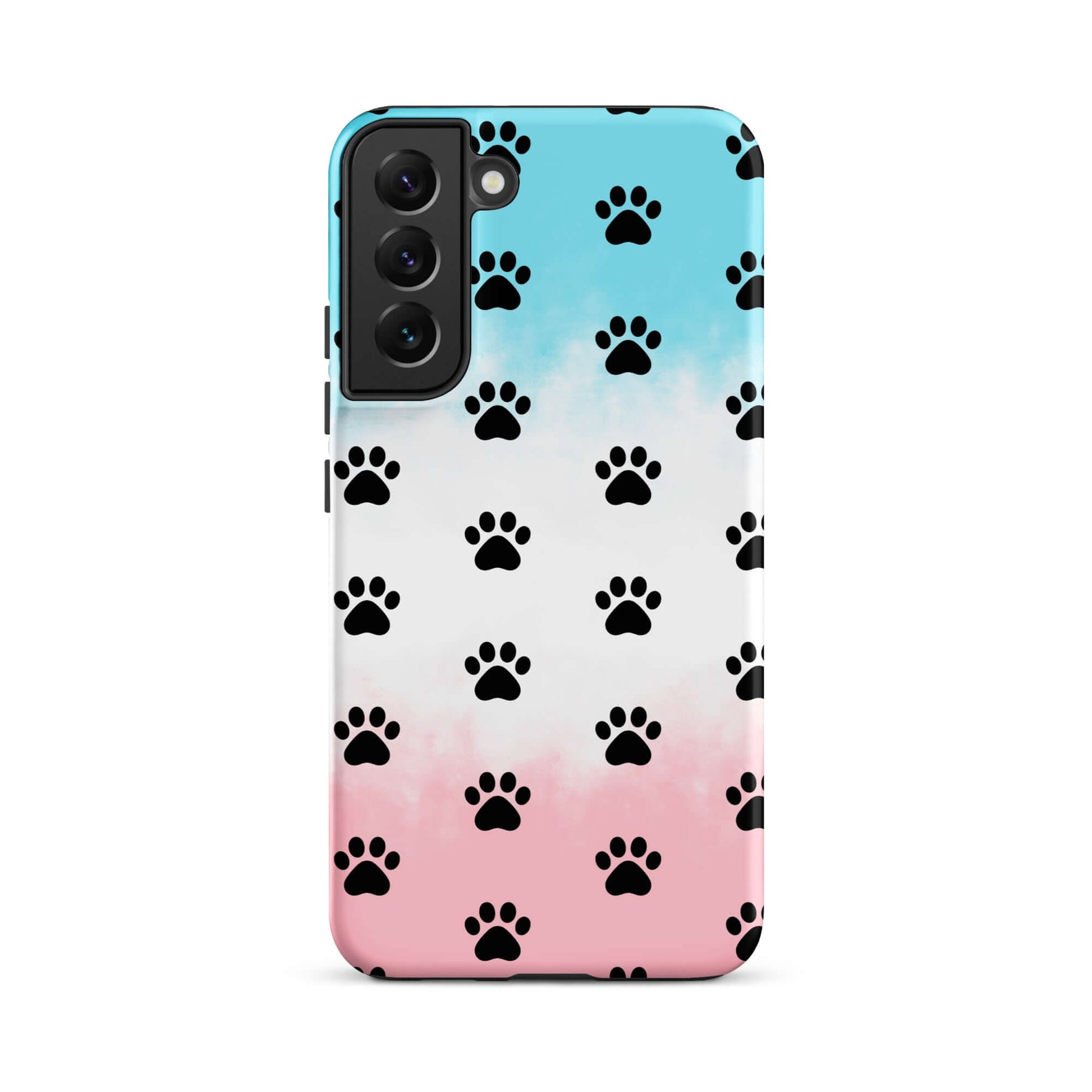 Phone Case for iPhone with playful paw print pattern in black, blue, and pink colors, perfect for pet lovers.