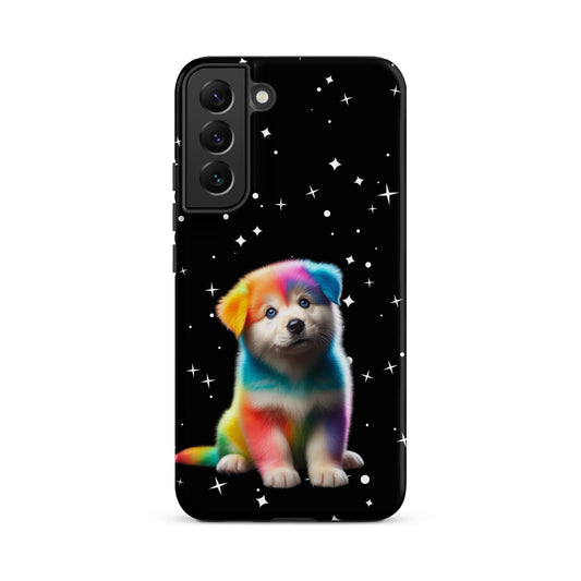 Phone Case featuring a colorful rainbow puppy on a starry night background, perfect for pet lovers.