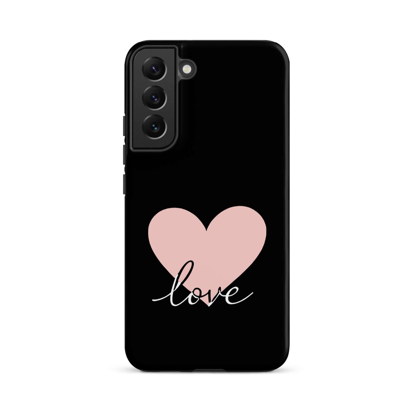 Phone Case Samsung Galaxy with heart and script love design on a black background.