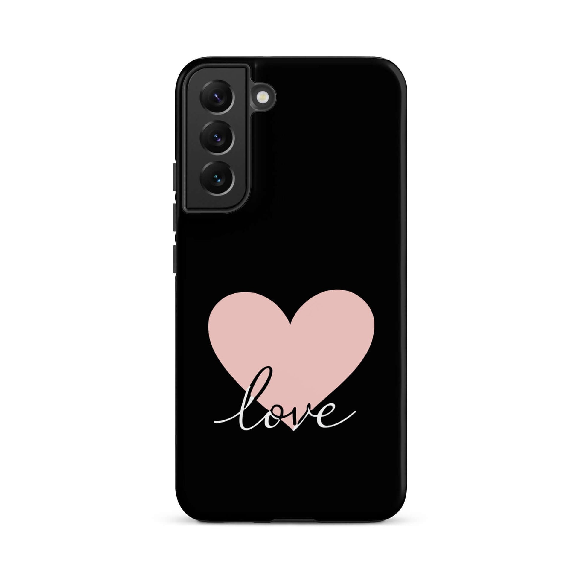 Phone Case Samsung Galaxy with heart and script love design on a black background.