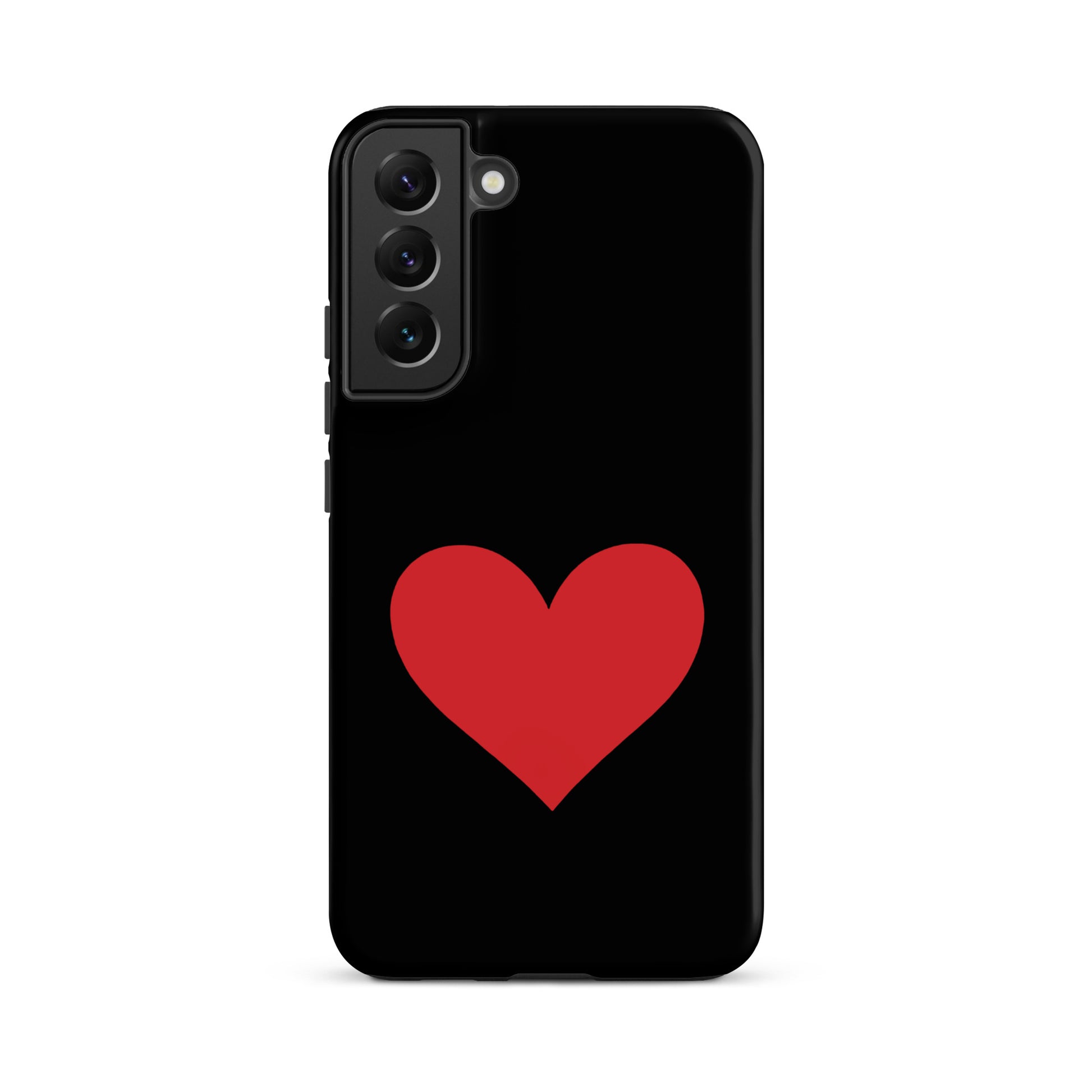 Phone Case for Samsung Galaxy with a bold red heart design on a sleek black background.