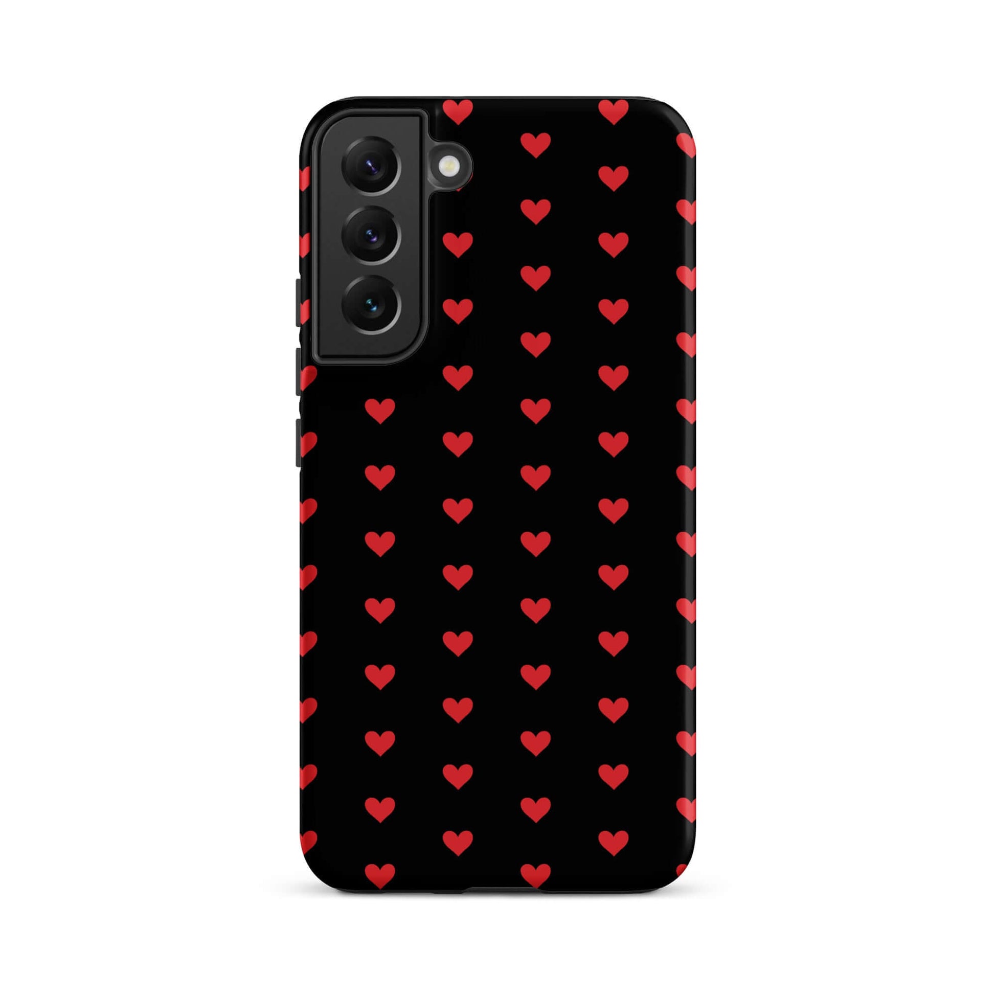 Phone Case for Samsung Galaxy featuring fiery red hearts on a black background, stylish and protective.