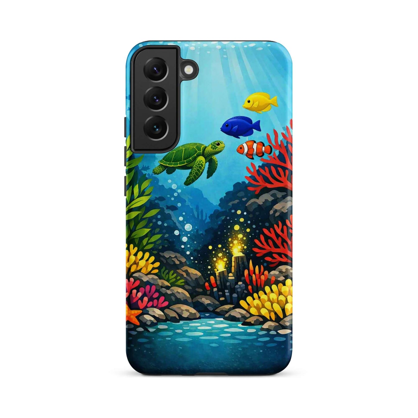 Phone case featuring vibrant sea turtle and coral reef design, adding underwater artistry and protection.
