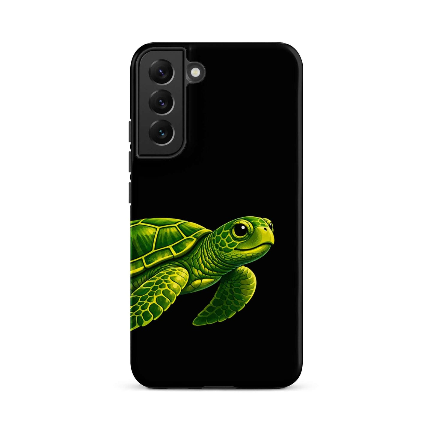 Phone case for Samsung Galaxy featuring vibrant sea turtle design on deep black background.