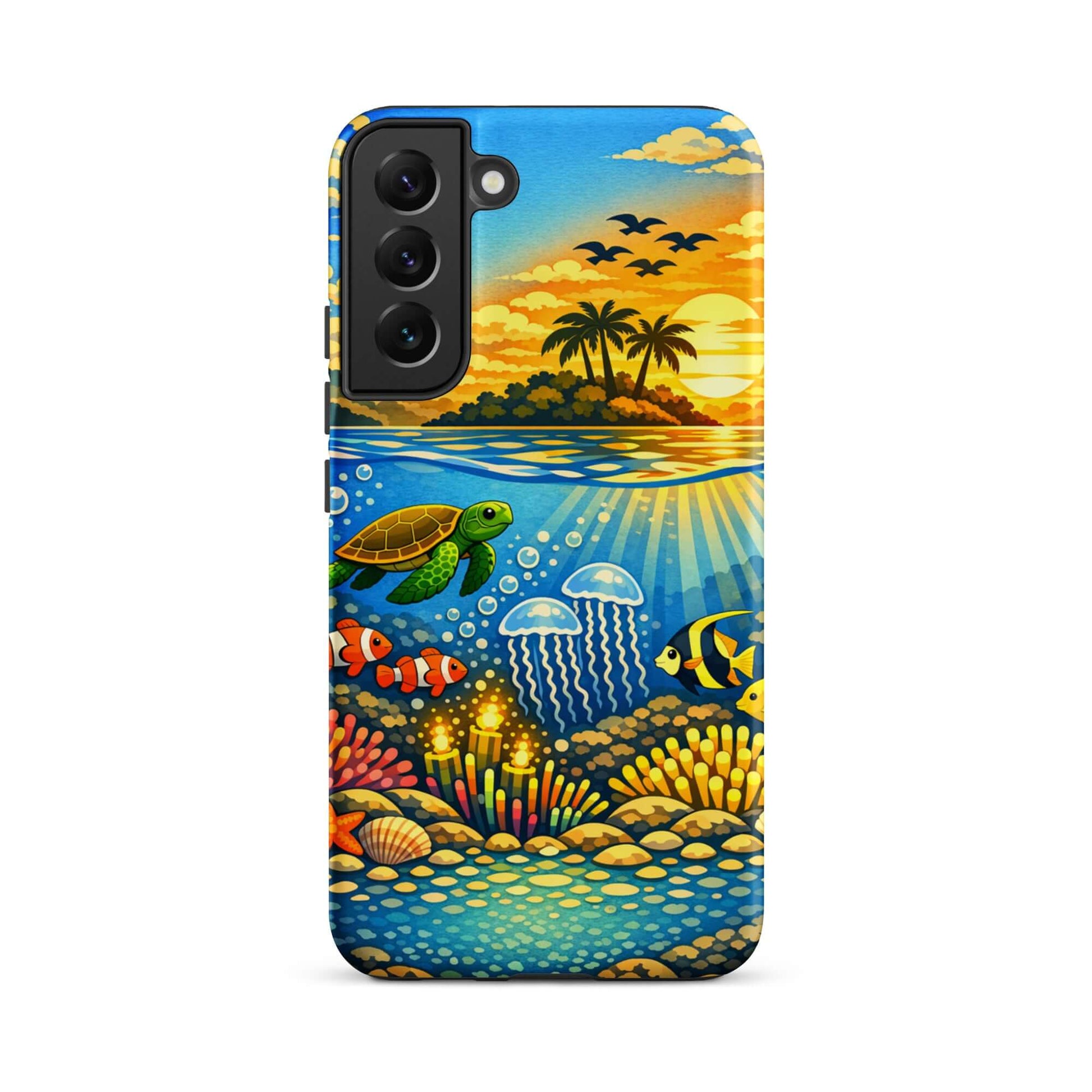 Phone Case for Samsung Galaxy featuring a tropical sunset and vibrant underwater reef with marine life.