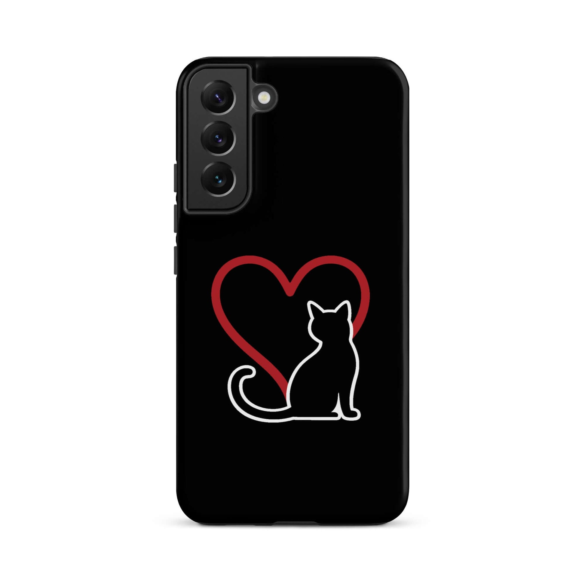 Phone Case for Samsung Galaxy with a black cat silhouette and red heart design, perfect for cat lovers.