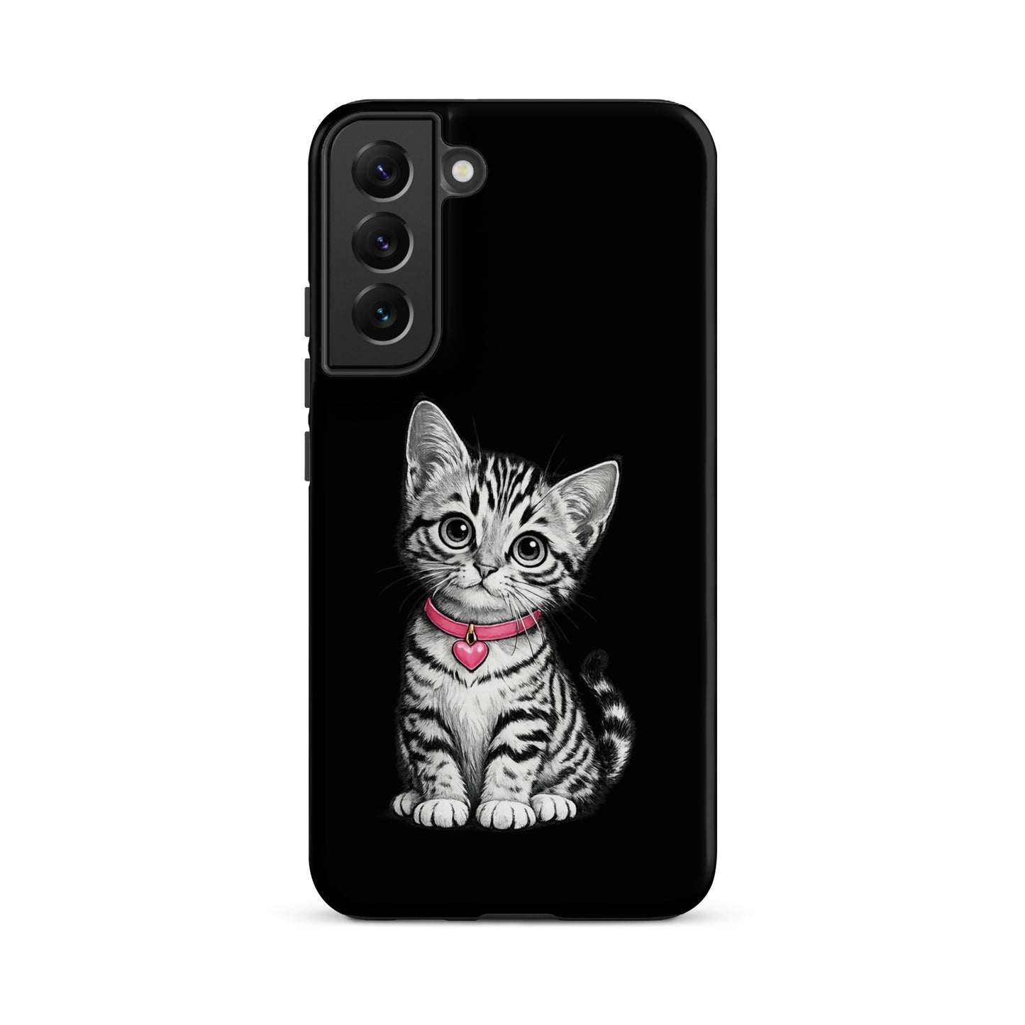 Phone Case for Samsung Galaxy featuring kitten sketch with pink heart charm on black background.