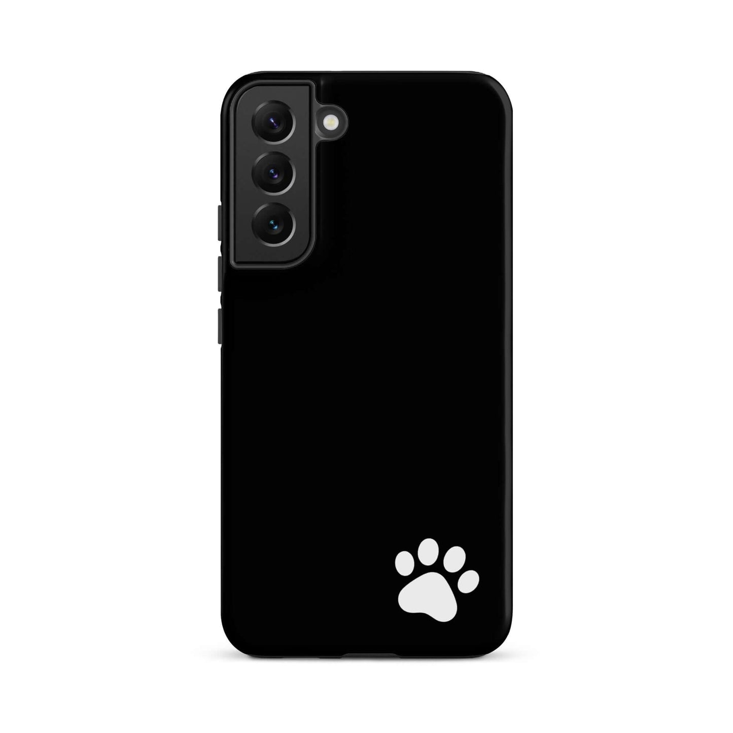 Phone Case for Samsung Galaxy with black design and white paw print in lower corner, minimalist and tough style