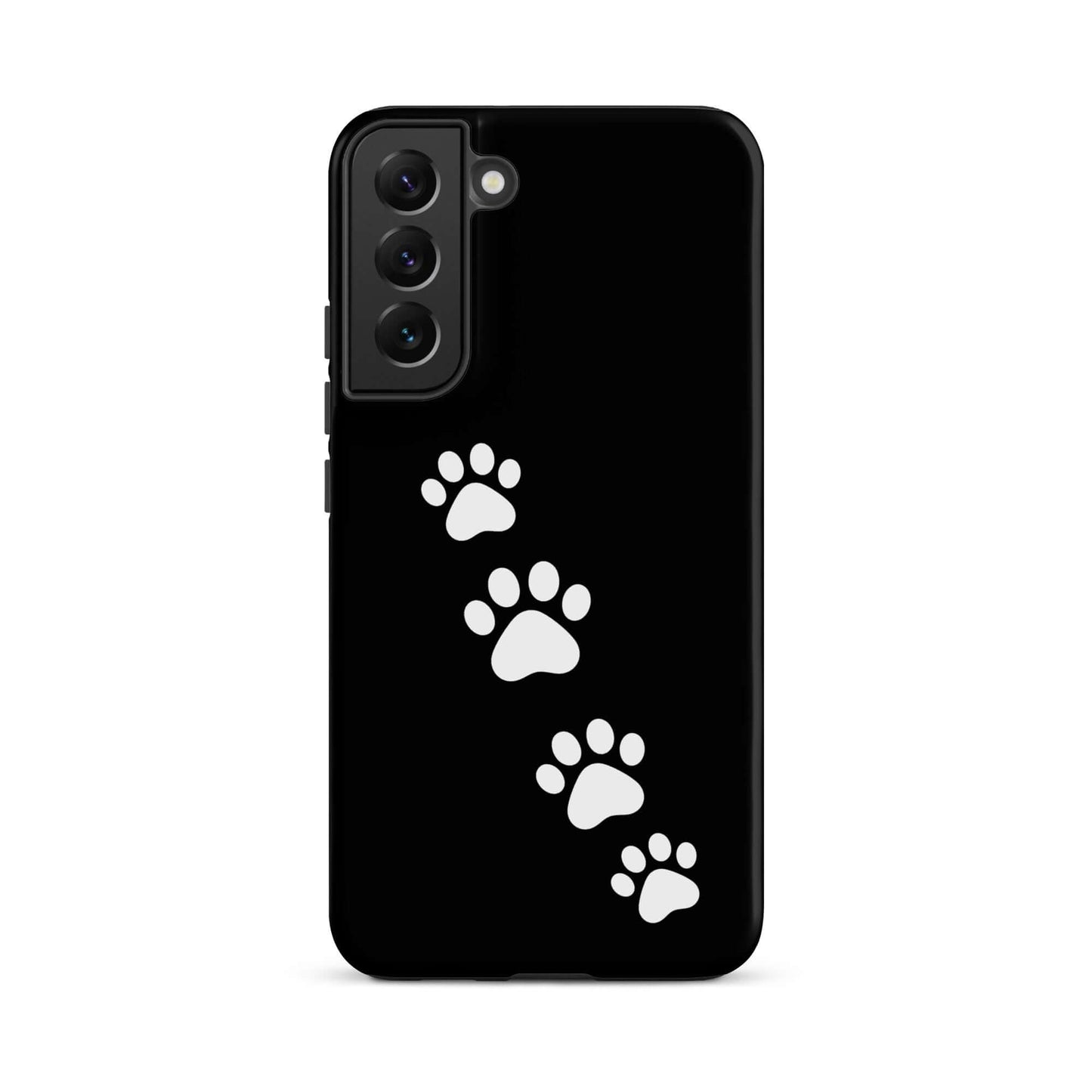 Phone case for Samsung Galaxy with white paw-print trail on black background for pet lovers.