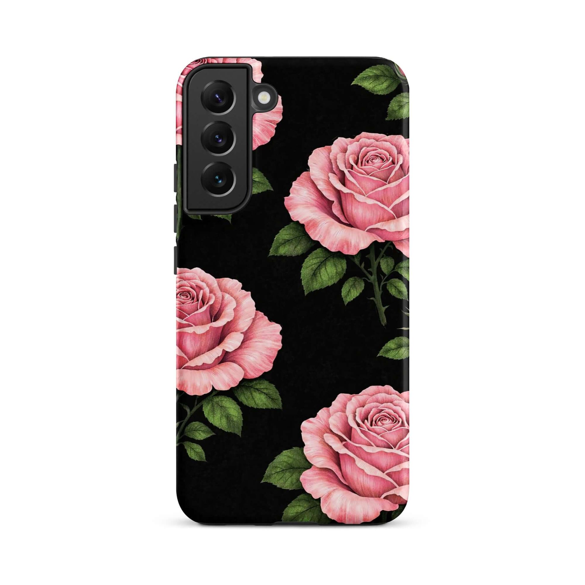 Phone Case for Samsung Galaxy with pink roses on black background, elegant floral design