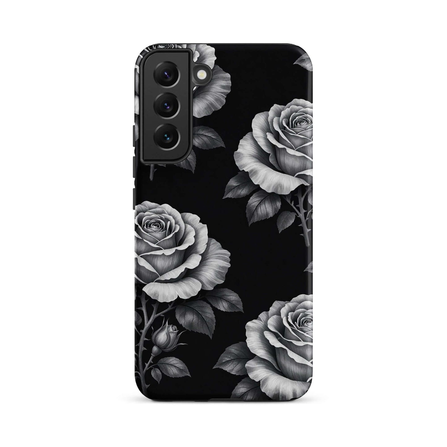 Phone Case for Samsung Galaxy with hand-sketched rose pattern and black background for floral charm and protection.