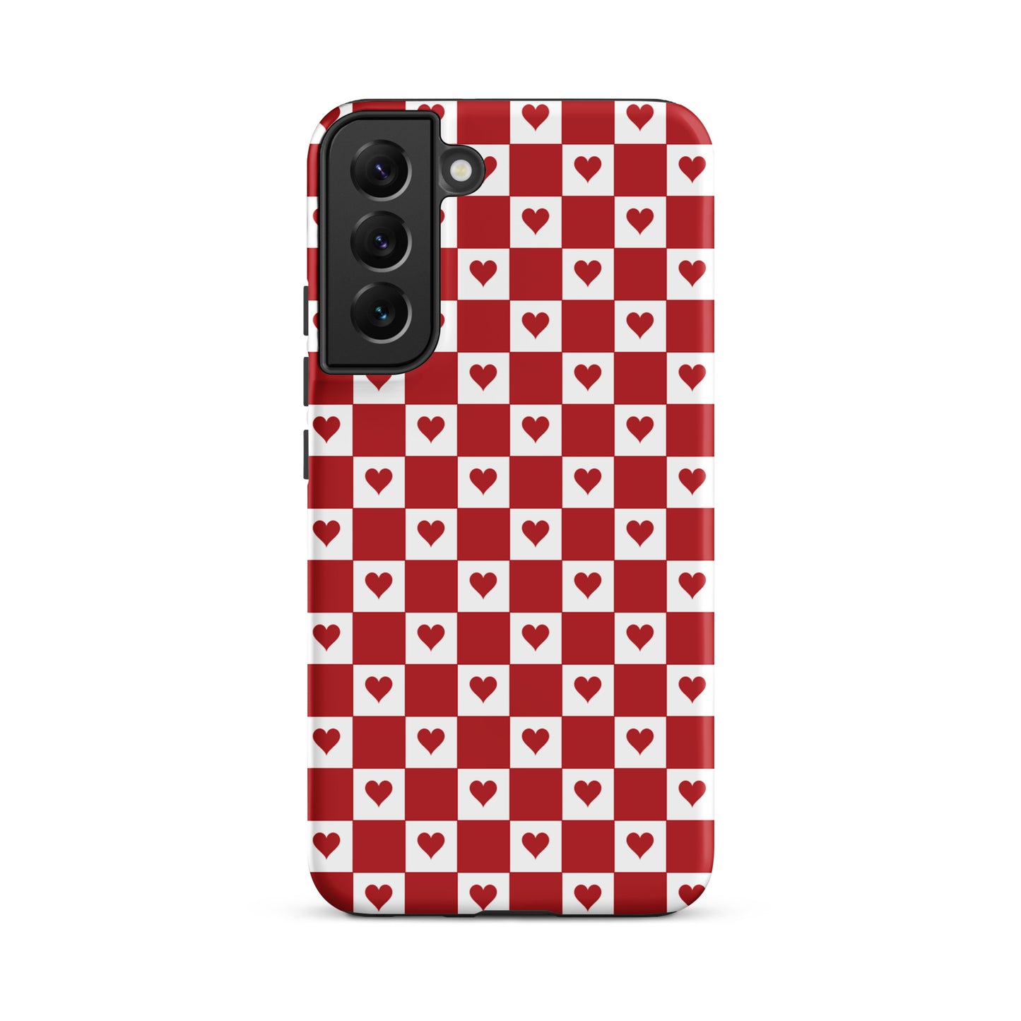 Phone Case for Samsung Galaxy with cute red heart checkered design, featuring red and white squares and tiny crimson hearts.