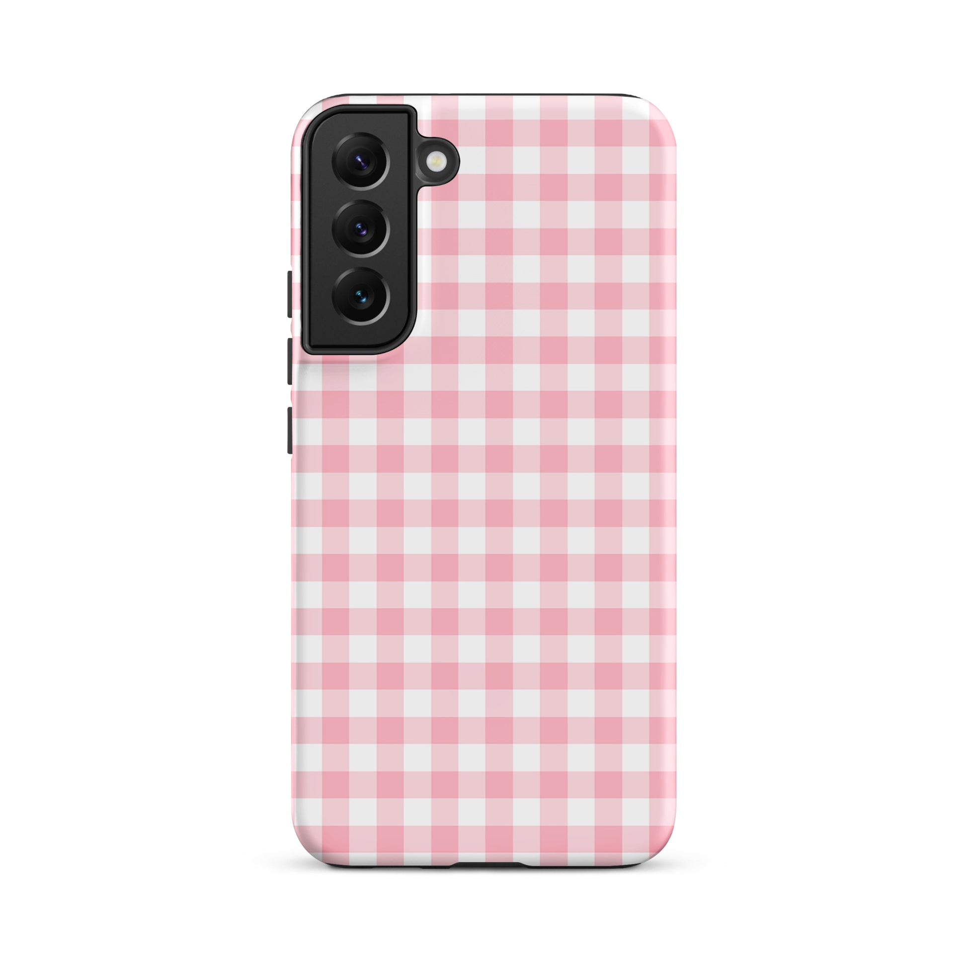 Phone Case for Samsung Galaxy with pink-and-white gingham pattern; chic design for style enthusiasts seeking durability and elegance.