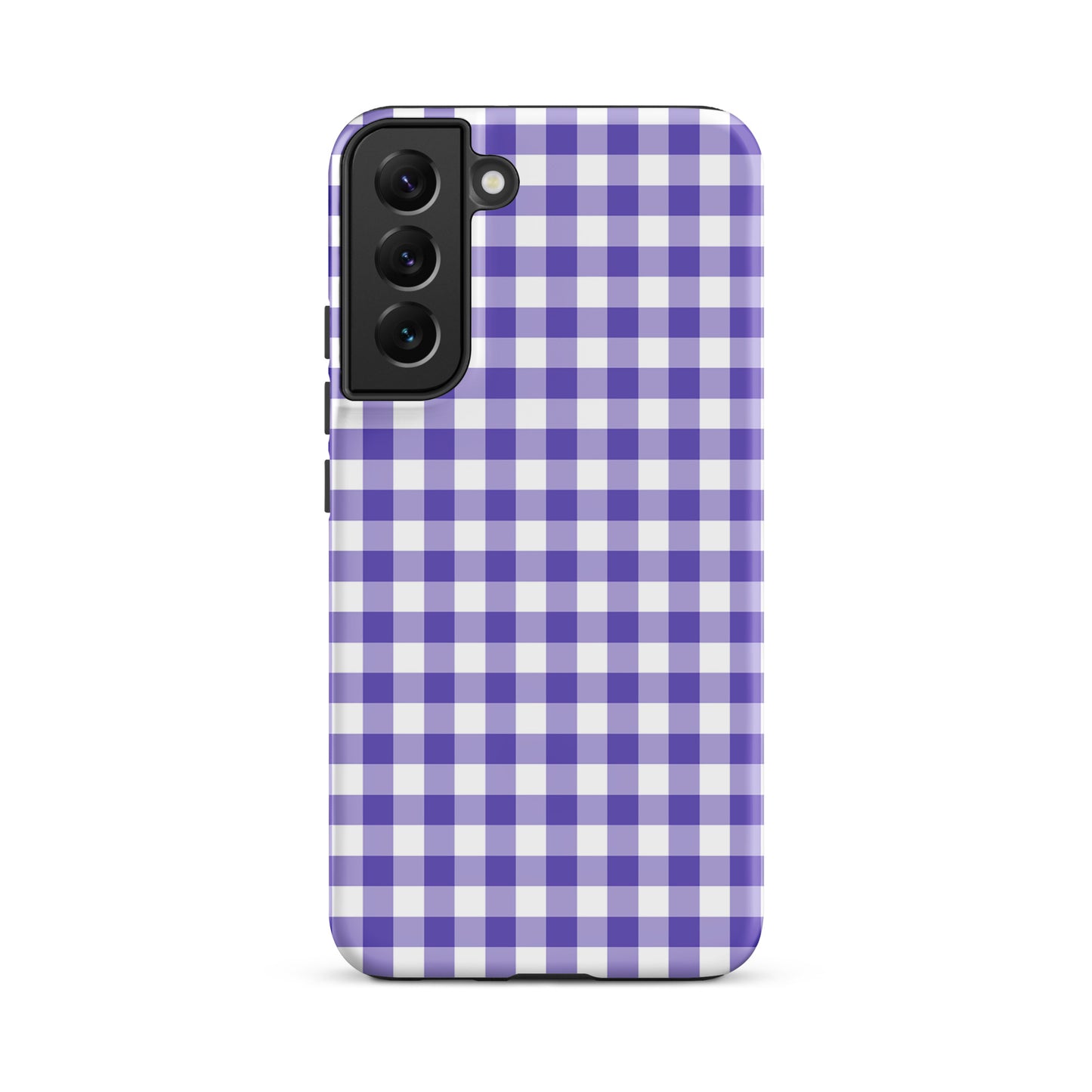 Purple and white gingham phone case for Samsung Galaxy, combining playful charm with durability.