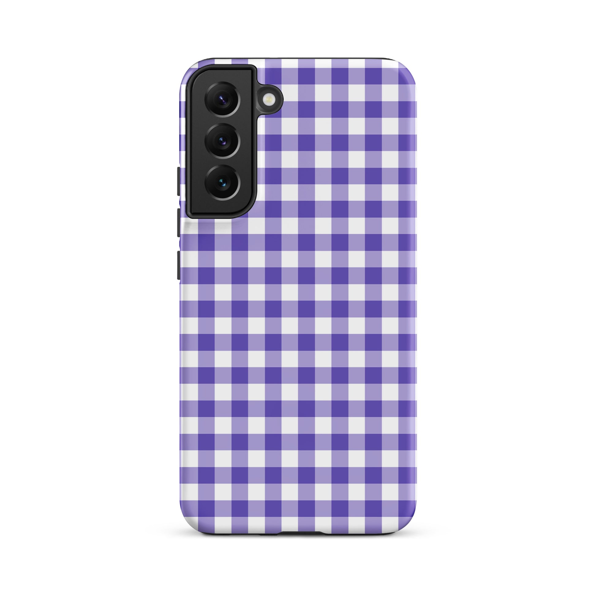 Purple and white gingham phone case for Samsung Galaxy, combining playful charm with durability.