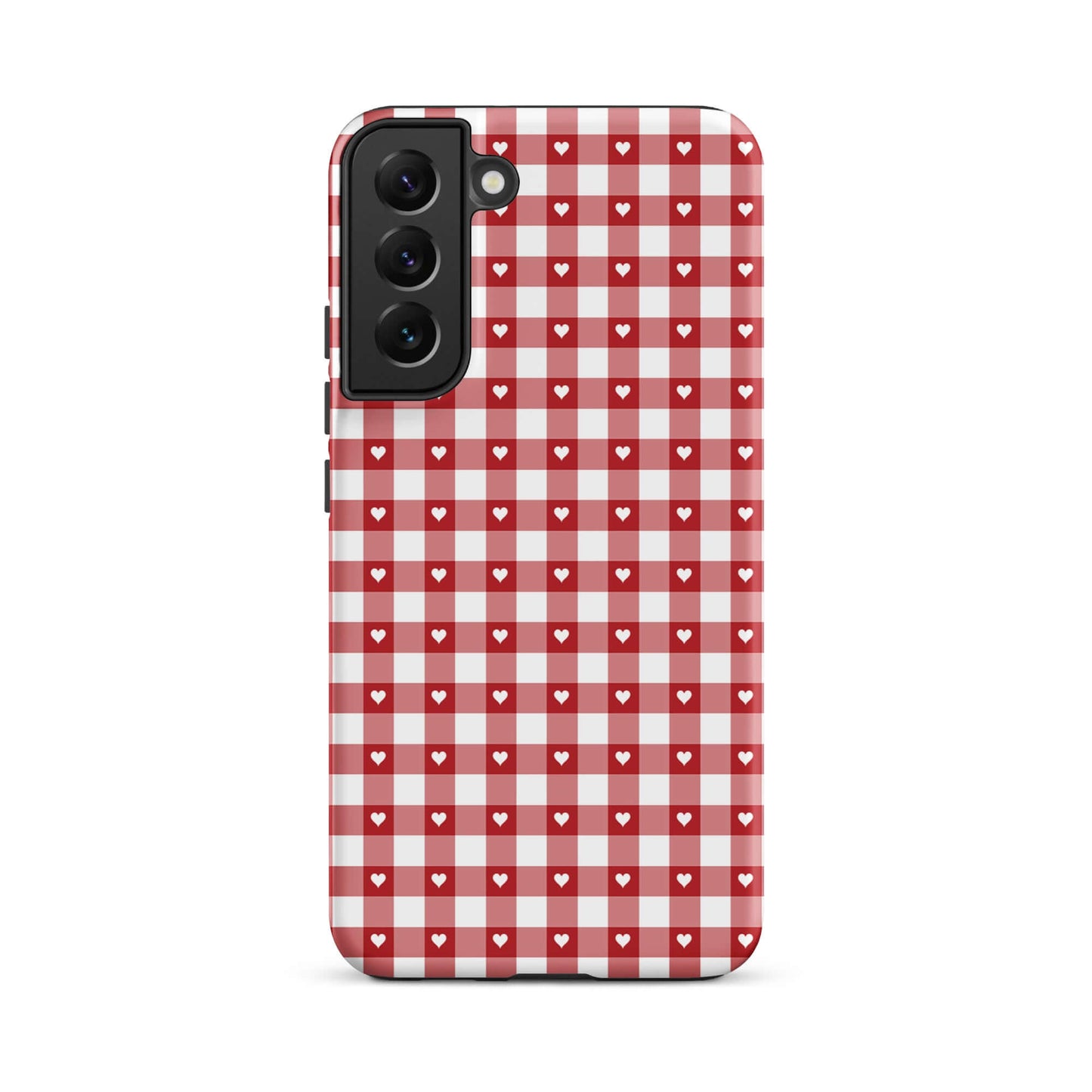 Phone Case for Samsung Galaxy with red and white gingham pattern and white hearts, stylish and protective design.