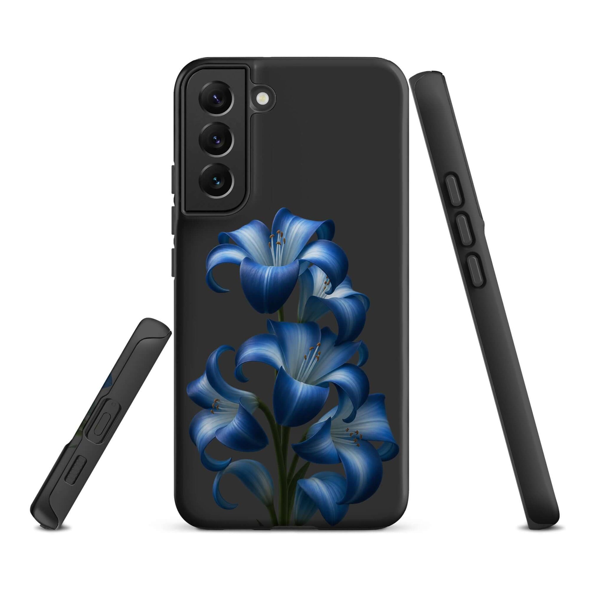 Phone Case for Samsung Galaxy with Blue Lily Bloom Art on dark background, showcasing vibrant floral design and protective dual-layer build.