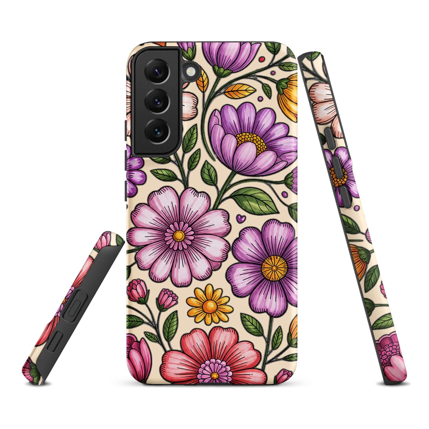 Phone Case for Samsung Galaxy with pastel floral design, featuring soft pink, peach, lavender, and yellow flowers for elegant charm.
