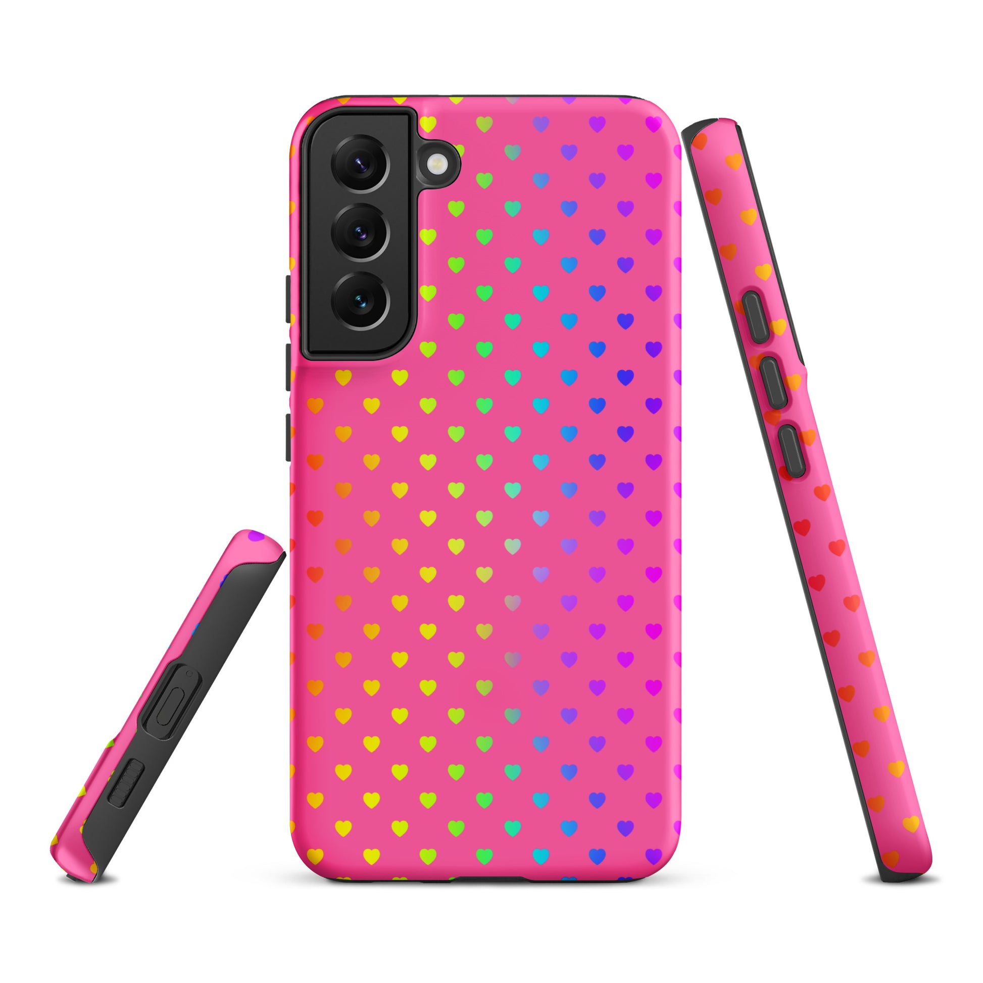 Phone case for Samsung Galaxy with cute rainbow heart design on a pink background, dual-layer protection.