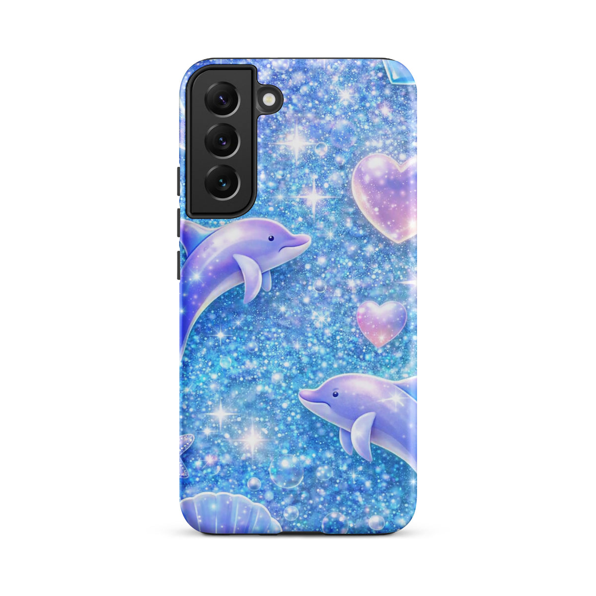 Phone Case for Samsung Galaxy with Ocean Glitter Dolphins, featuring shimmering glitter, floating dolphins, and celestial accents.