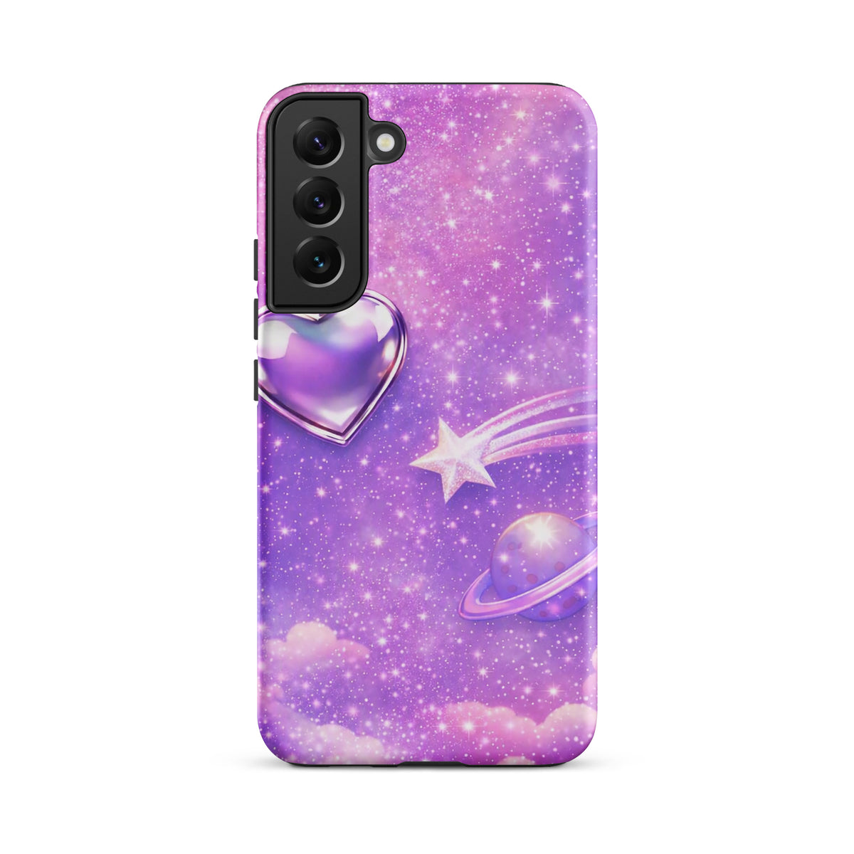 Phone Case for Samsung Galaxy with cosmic heart and shooting star design, featuring iridescent heart, stars, and ringed planet on pastel clouds.