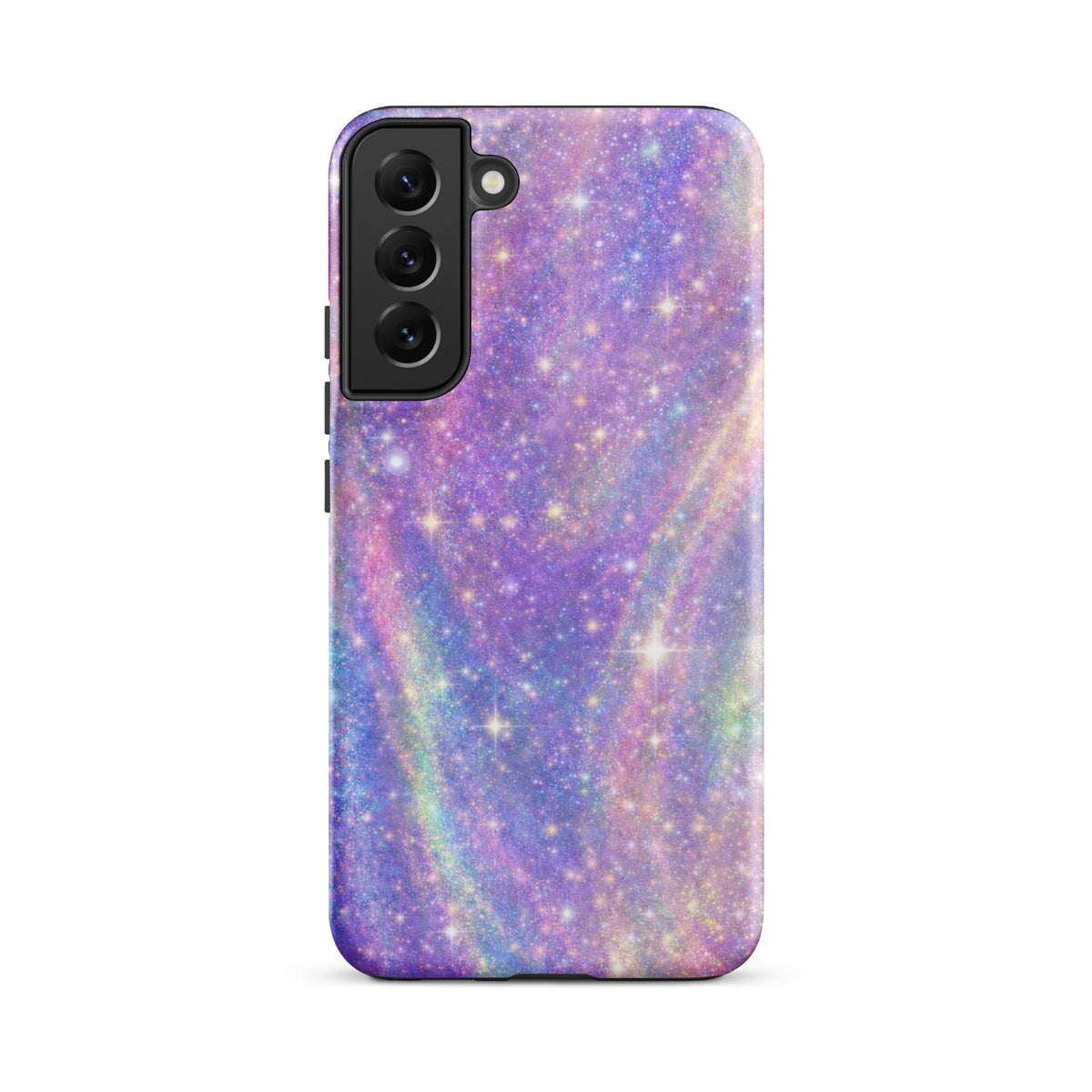 Phone Case for Samsung Galaxy with cosmic swirl design in pastel purples, pinks, blues, and golden sparkles.