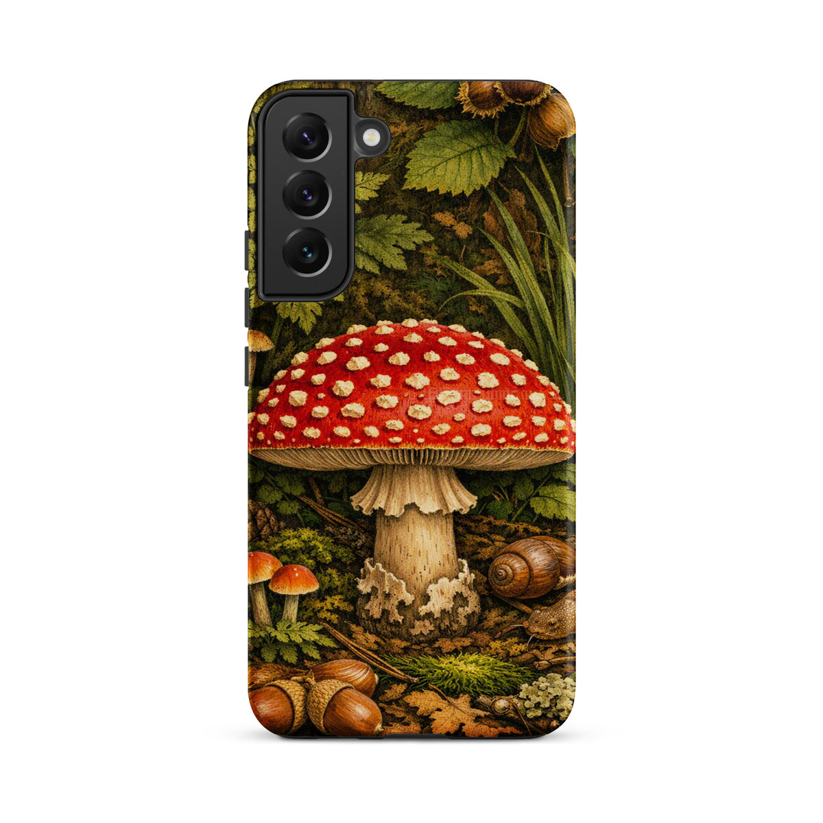 Phone Case for Samsung Galaxy with Amanita muscaria mushroom design, featuring a red cap with white spots against a forest background.