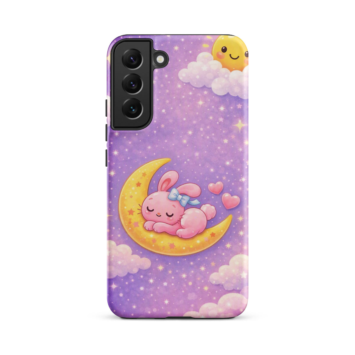 Phone Case for Samsung Galaxy - Cute, Cozy, Dreamy Bunny Moon Design with pink bunny on crescent moon and stars.