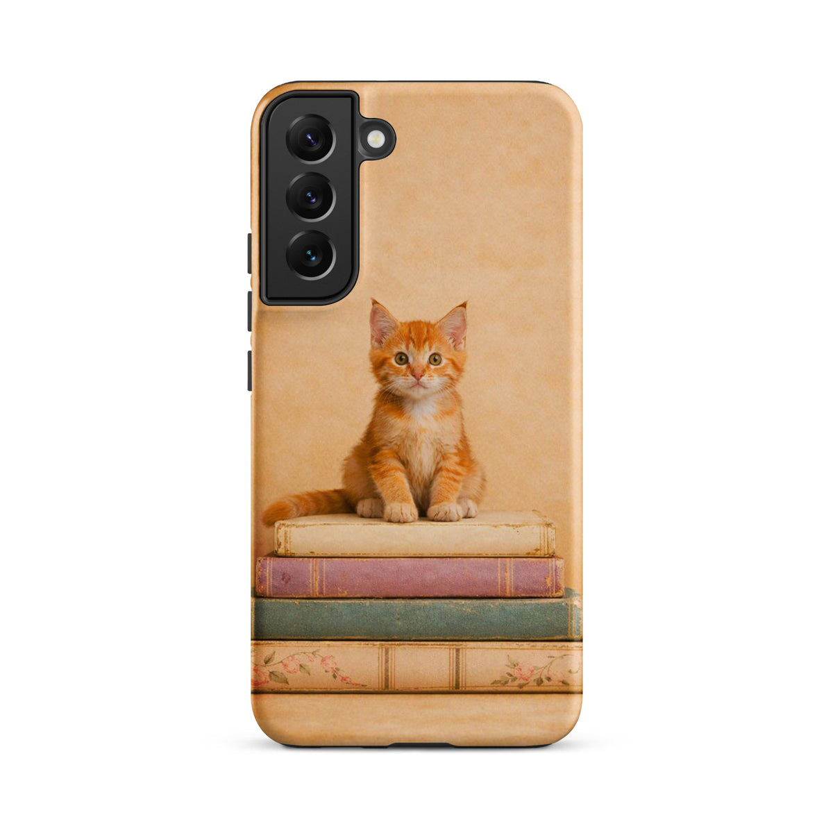 Phone Case for Samsung Galaxy featuring an orange tabby kitten on vintage books, adding a cozy, artistic touch to your device.