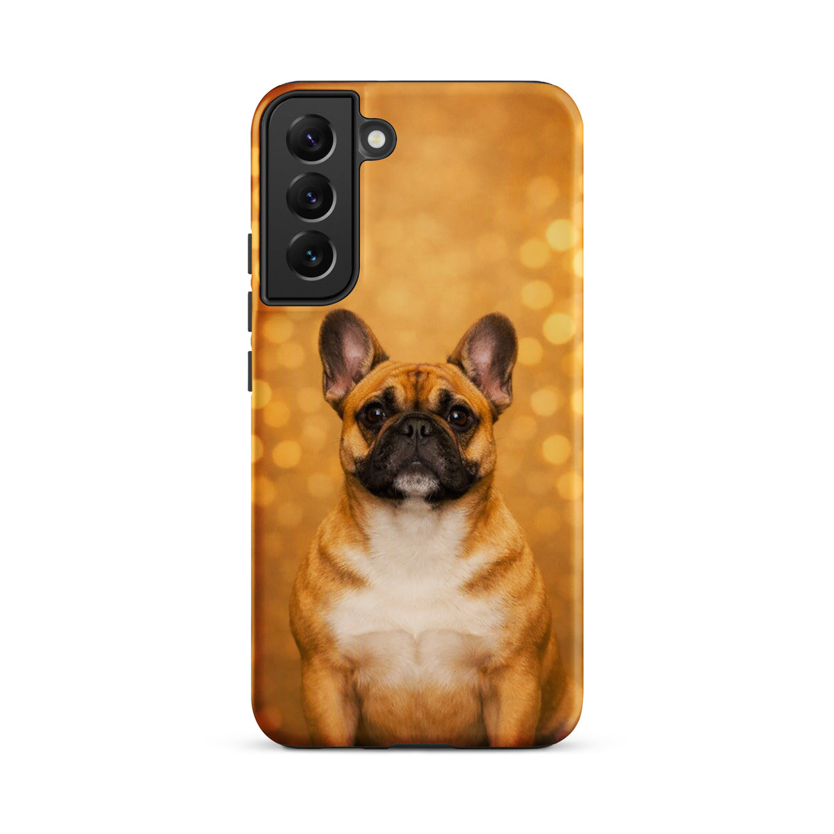 Phone Case for Samsung Galaxy with French Bulldog portrait on a golden bokeh background, showcasing charm and playful sophistication.
