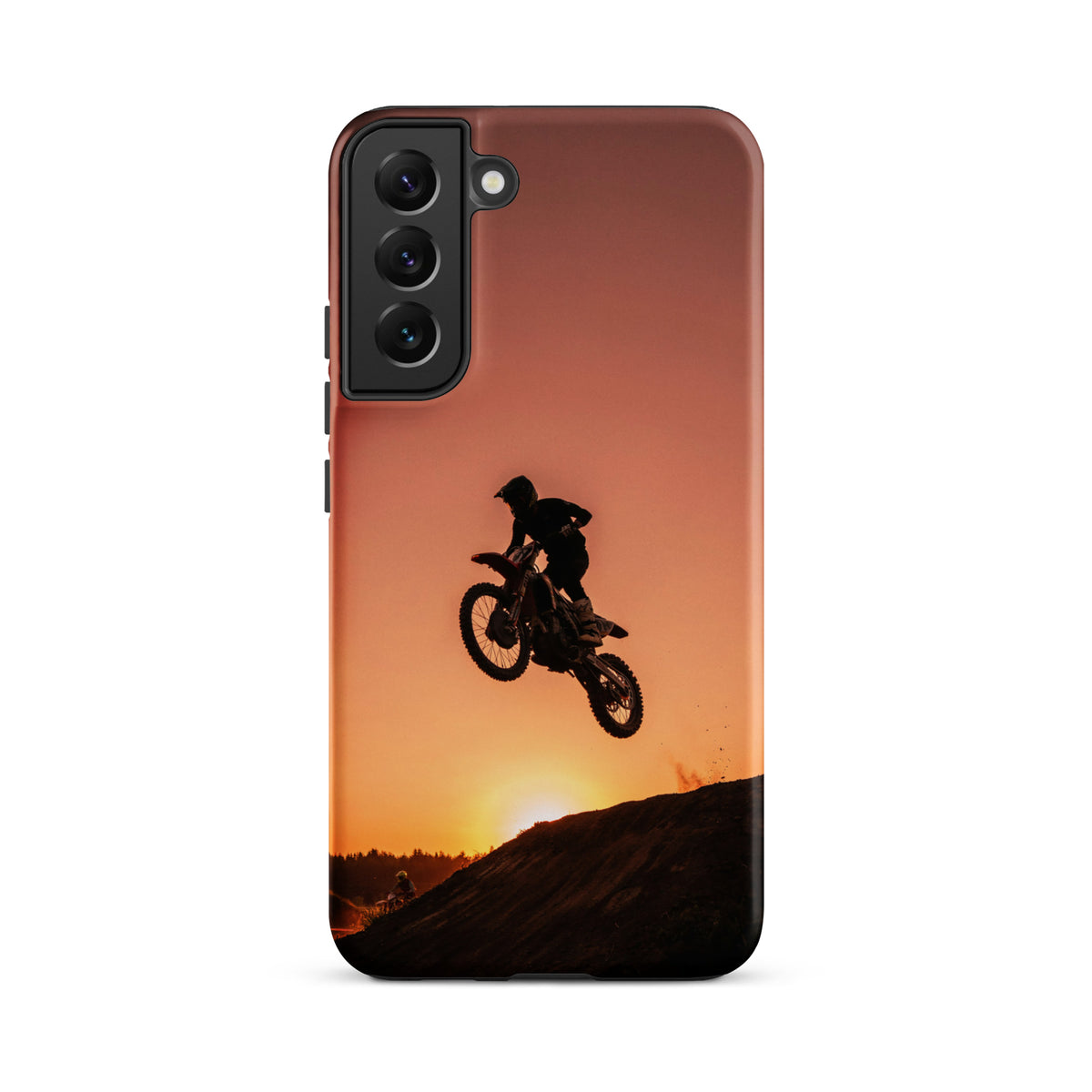 Phone Case for Samsung Galaxy with motocross sunset dirt bike design, featuring a silhouette of a bike jump against a glowing sky.
