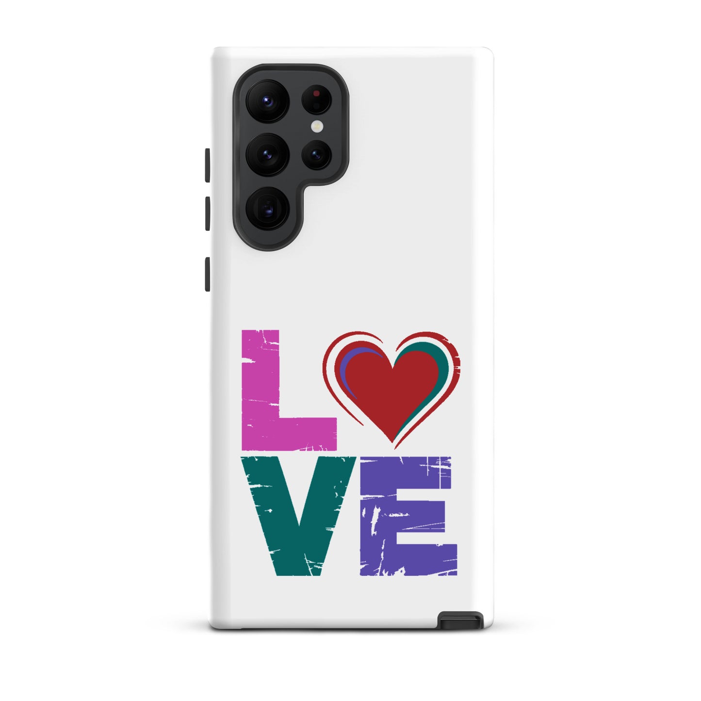 Tough case for Samsung Galaxy Phones featuring colorful 'LOVE' design with a heart replacing the 'o'.