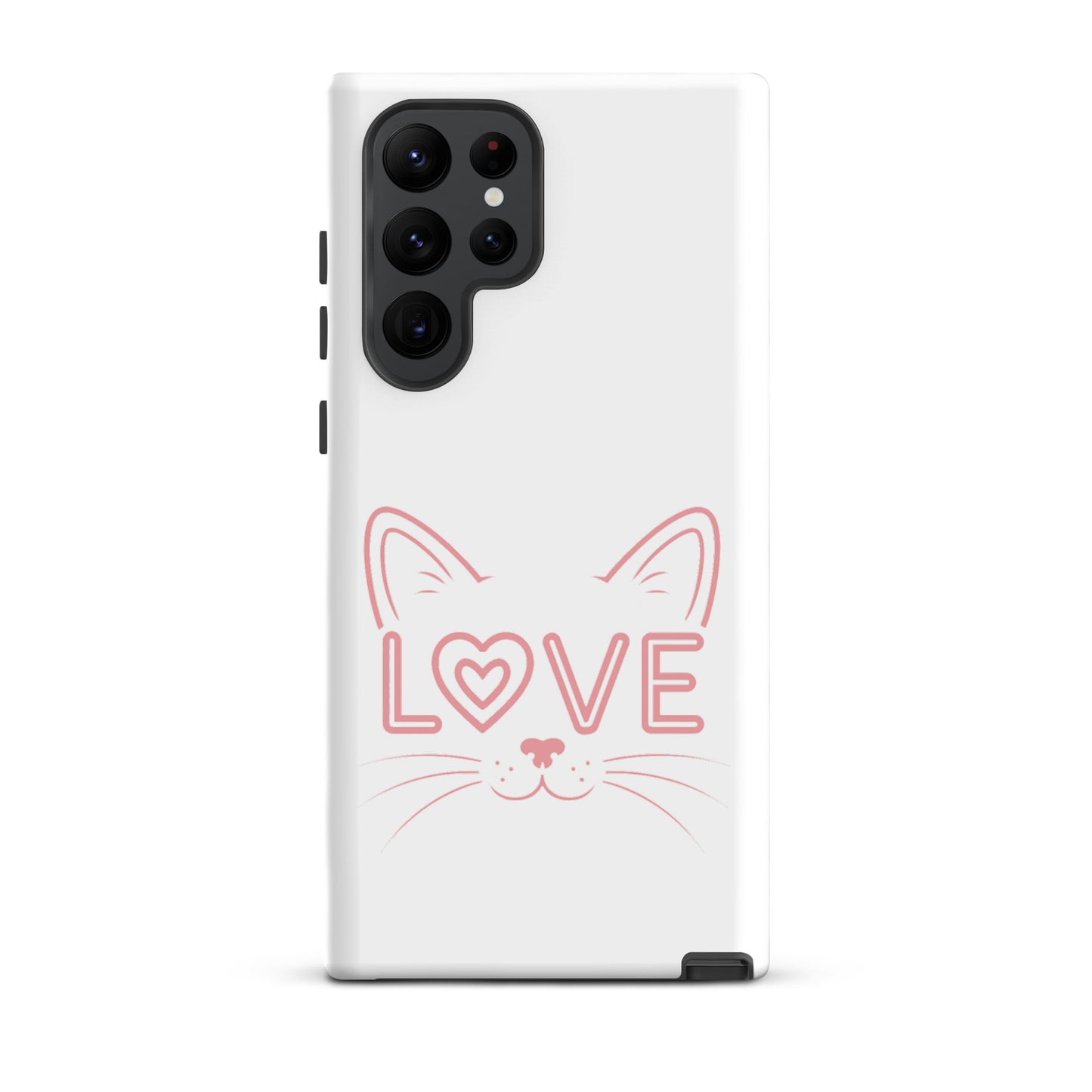 Cat Love Phone Case for Samsung Galaxy featuring minimalist cat face and 'love' accent, stylish and protective.