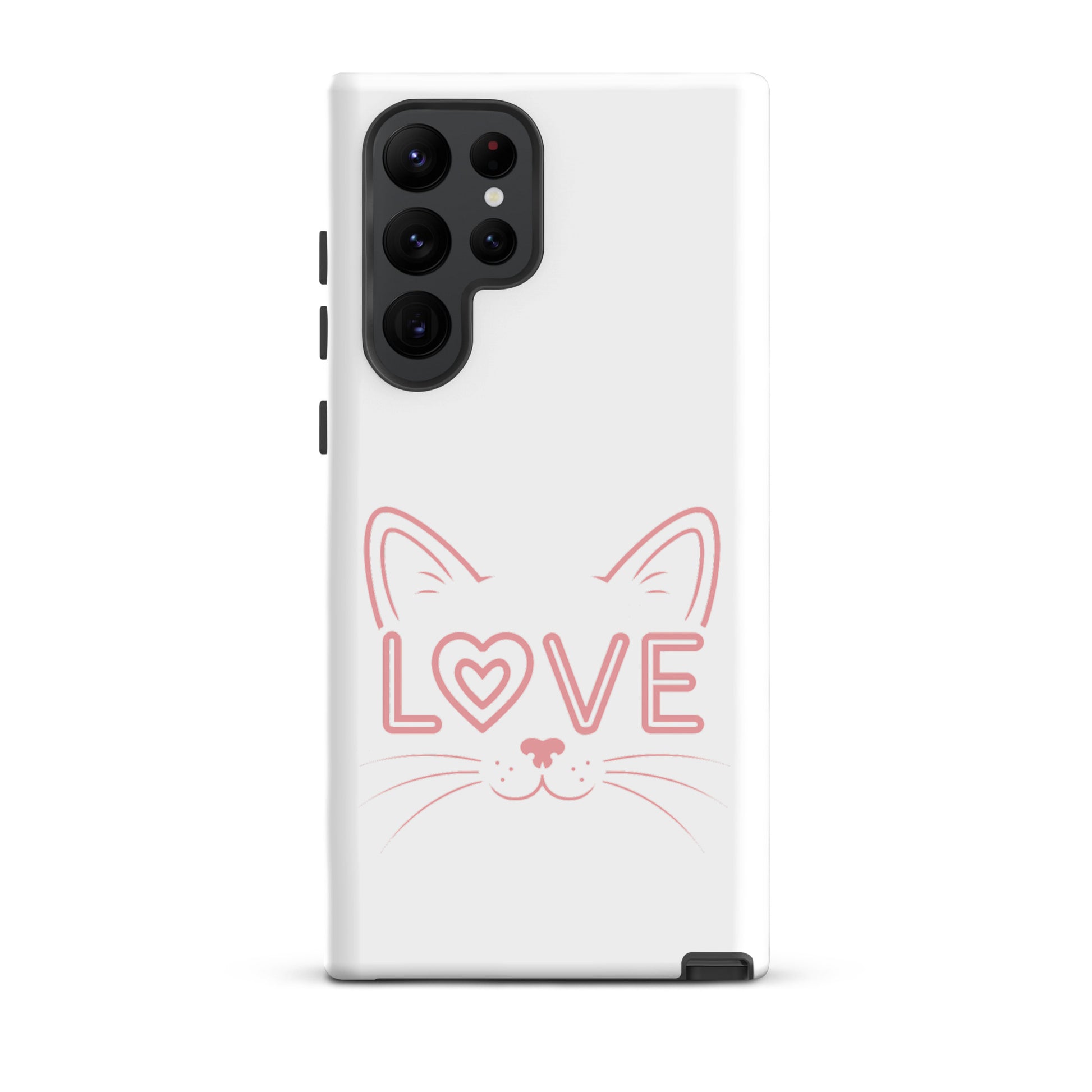 Cat Love Phone Case for Samsung Galaxy featuring minimalist cat face and 'love' accent, stylish and protective.