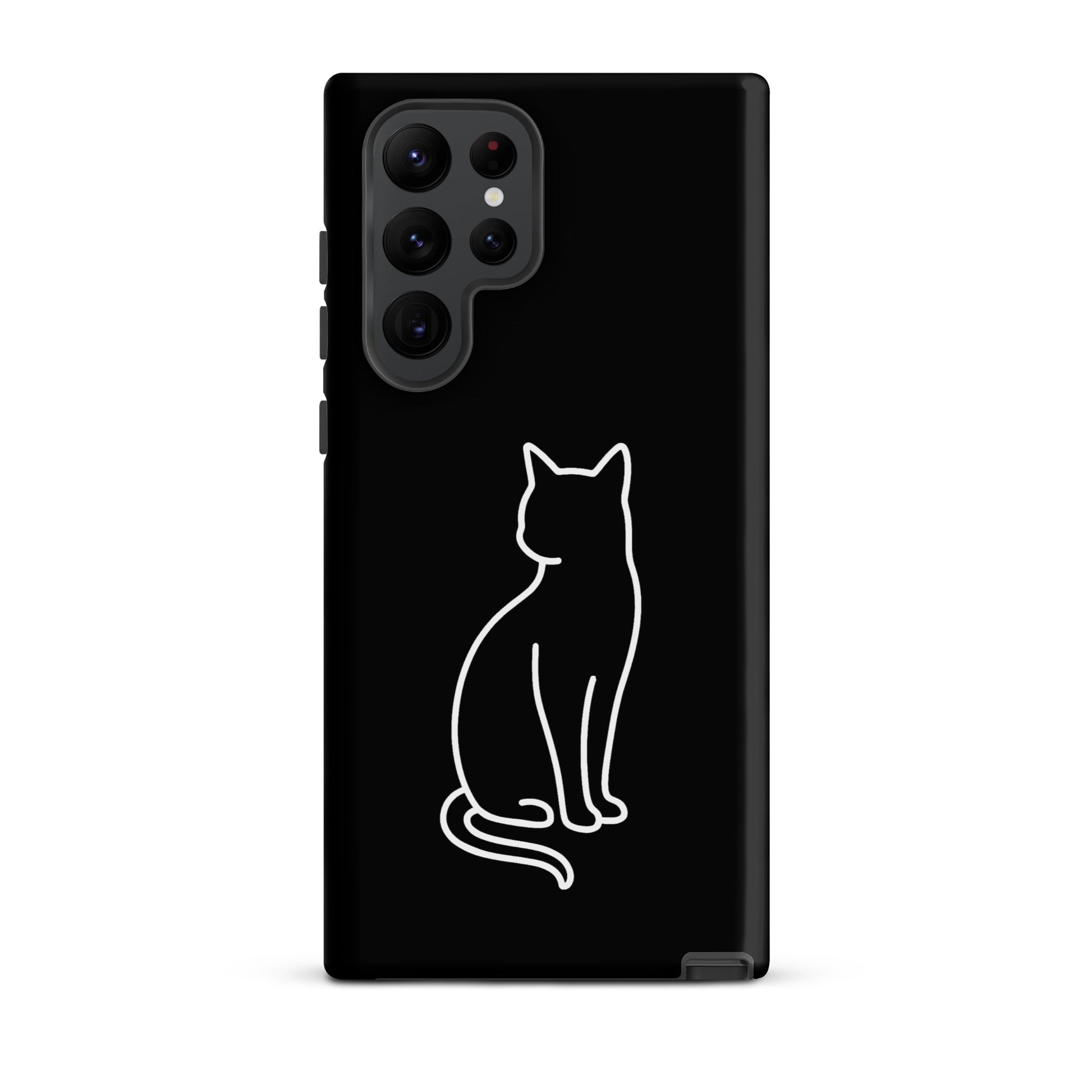 Phone Case for Samsung Galaxy featuring a sleek black design with a minimalist white cat silhouette.