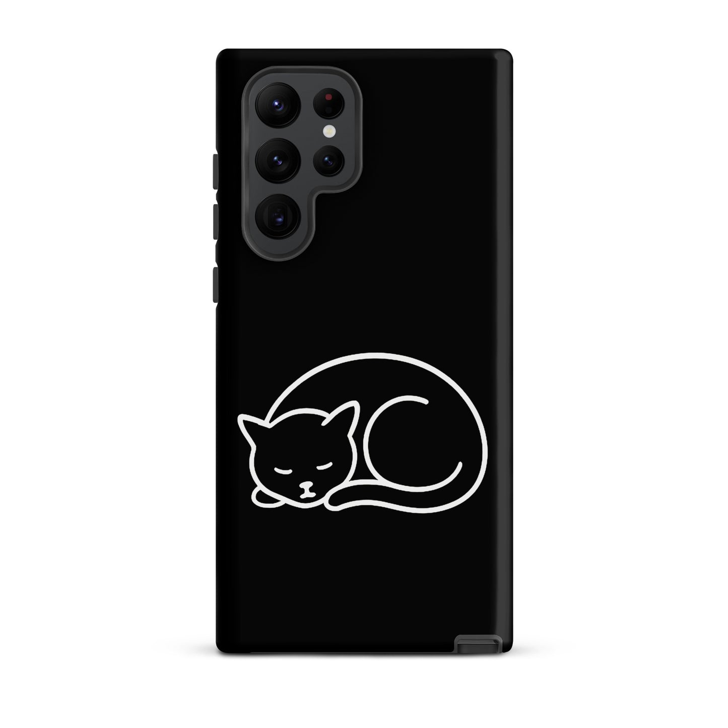 Phone Case for Samsung Galaxy Phones featuring minimalist curled-up cat design on sleek black background.