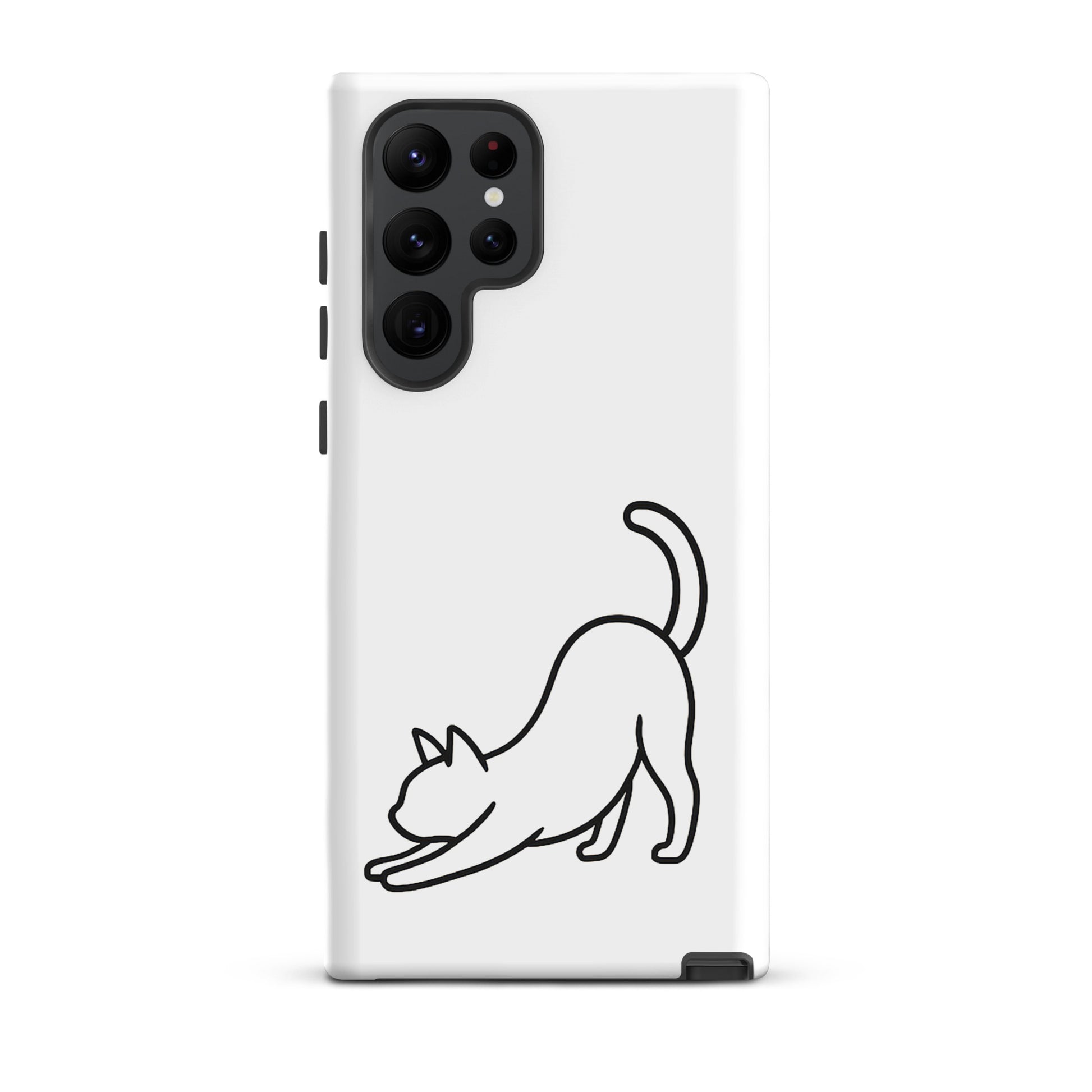 Phone Case for Samsung Galaxy featuring a minimalist stretching cat design on a sleek white background.