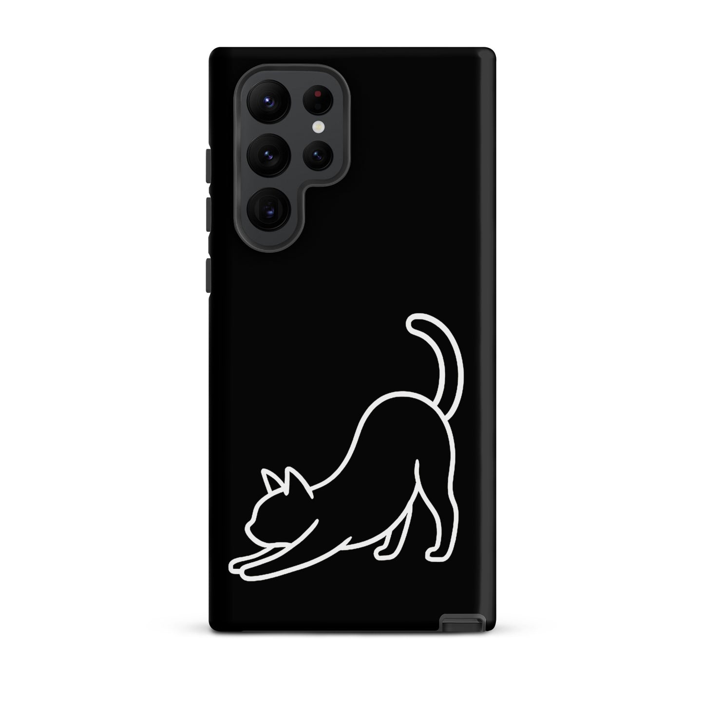 Phone Case for Samsung Galaxy featuring minimalist stretching cat design on a sleek black background.