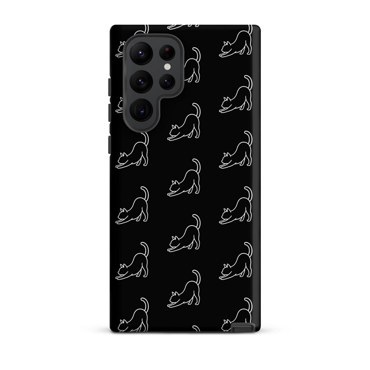 Phone Case for Samsung Galaxy featuring a minimalist stretching cat pattern on a sleek black background.