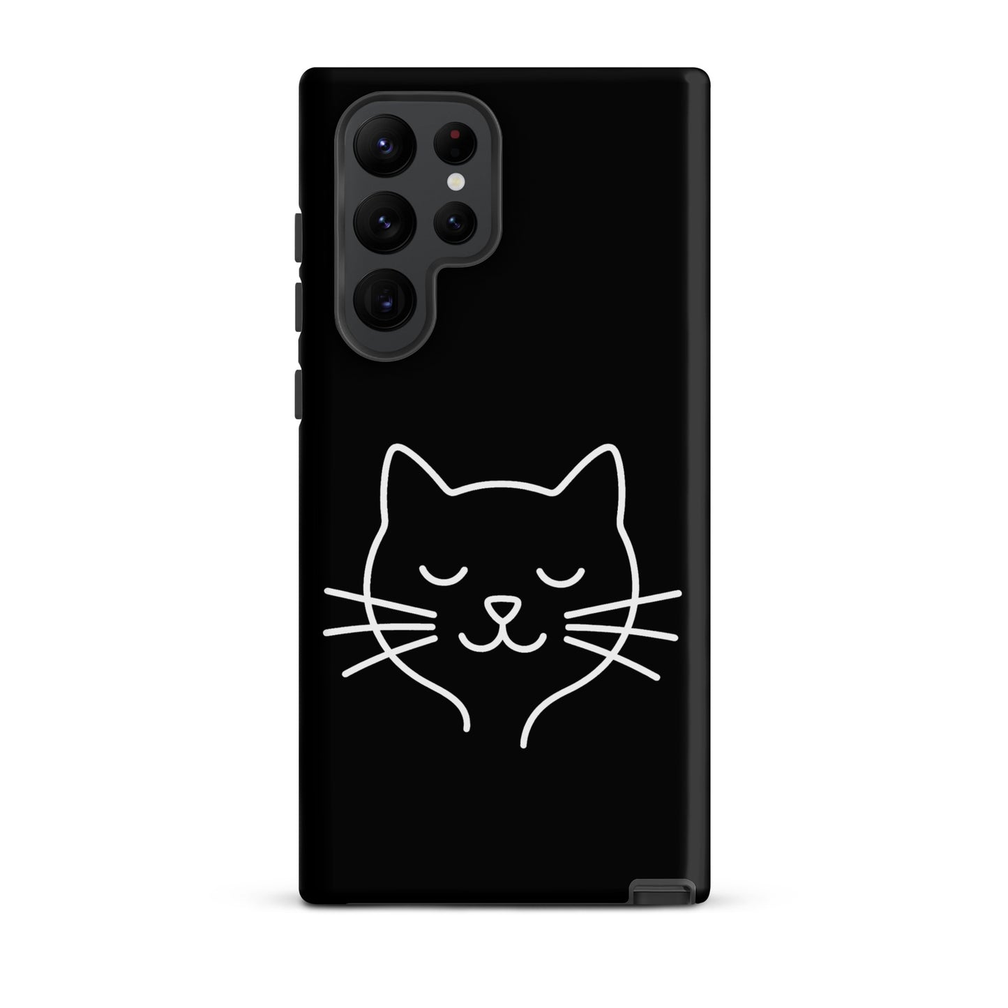Phone Case for Samsung Galaxy featuring cute minimalist cat line art design on a black background.