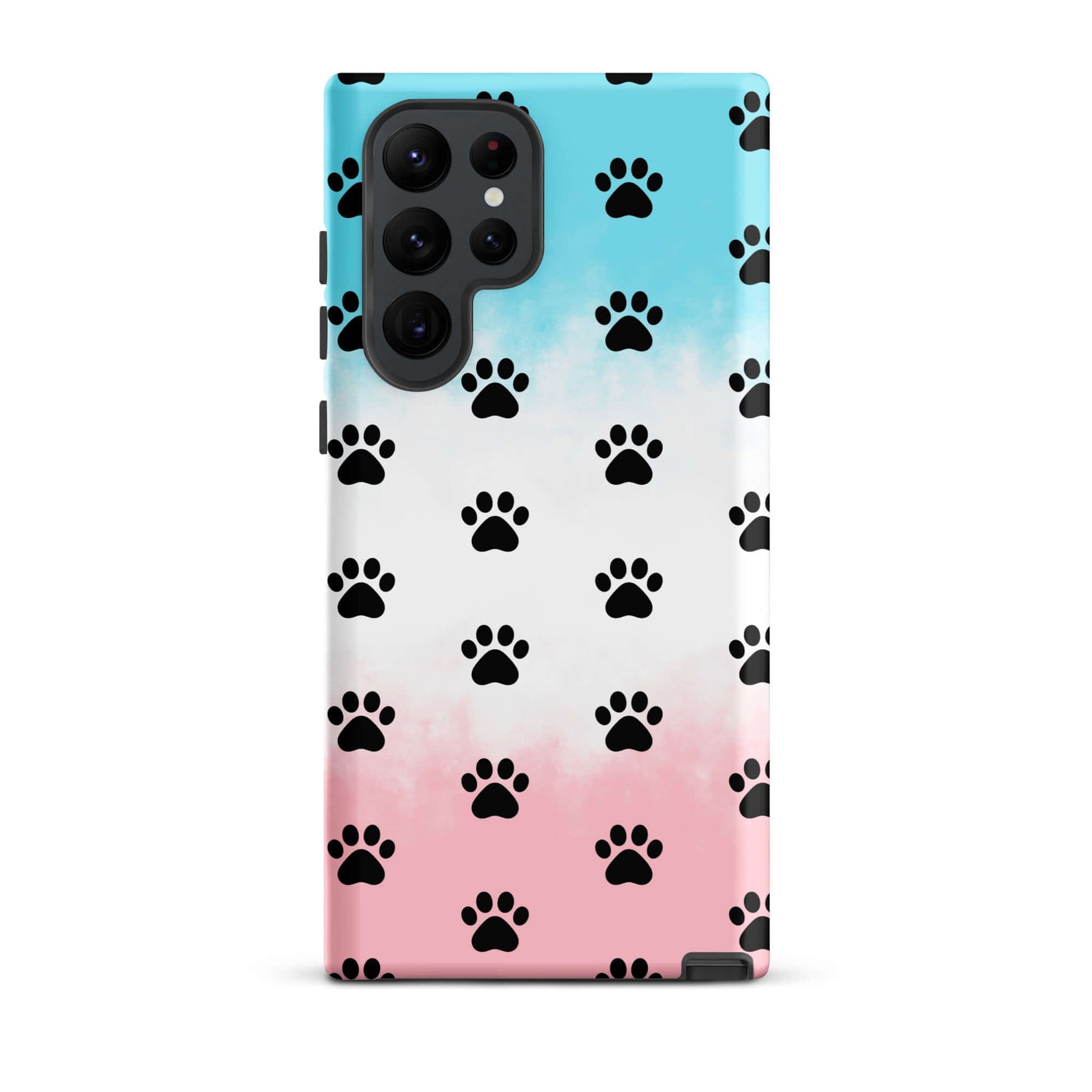 Phone Case for iPhone featuring a playful paw print pattern in black against a gradient blue and pink background.