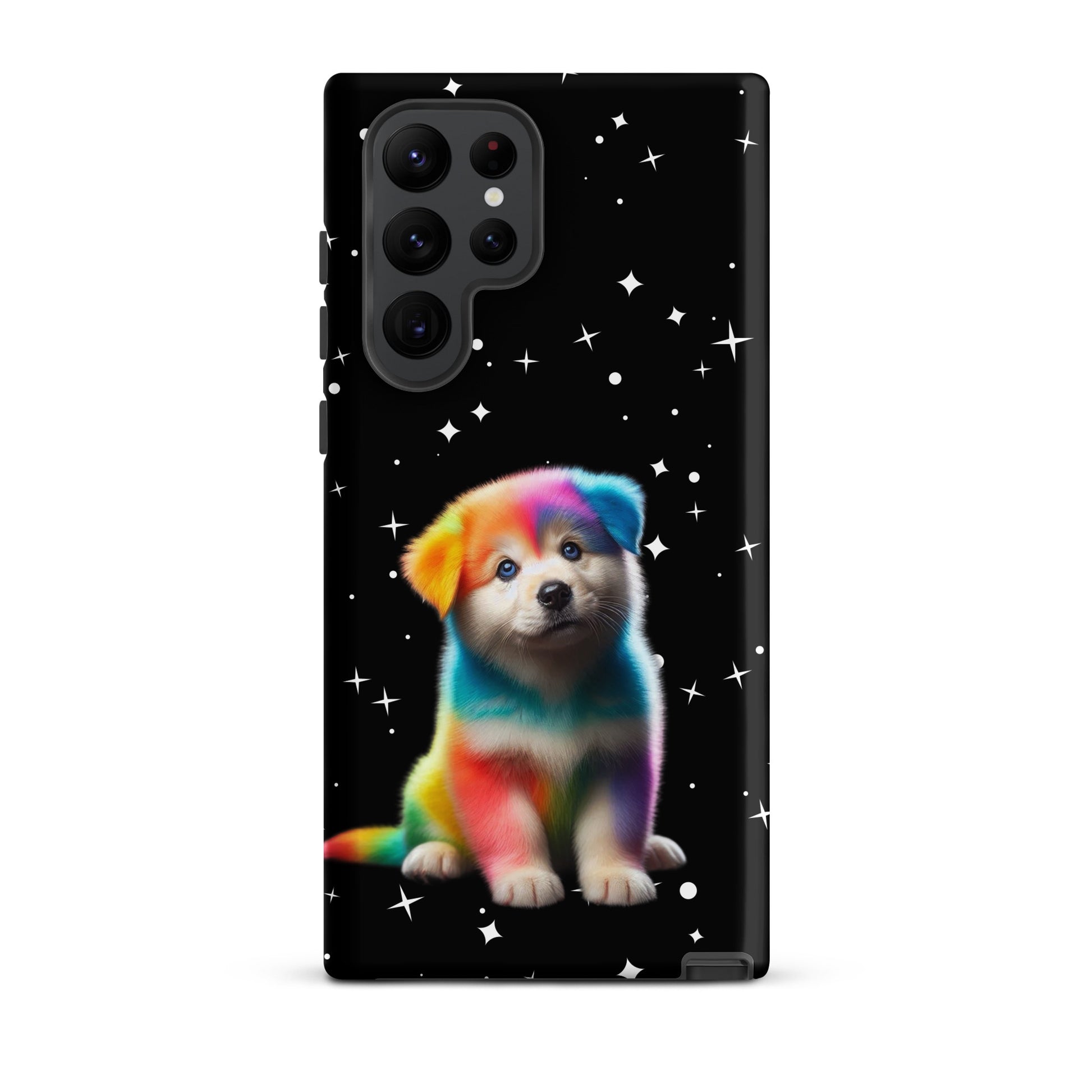 Phone Case for Samsung Galaxy featuring a colorful rainbow puppy design against a starry night background.