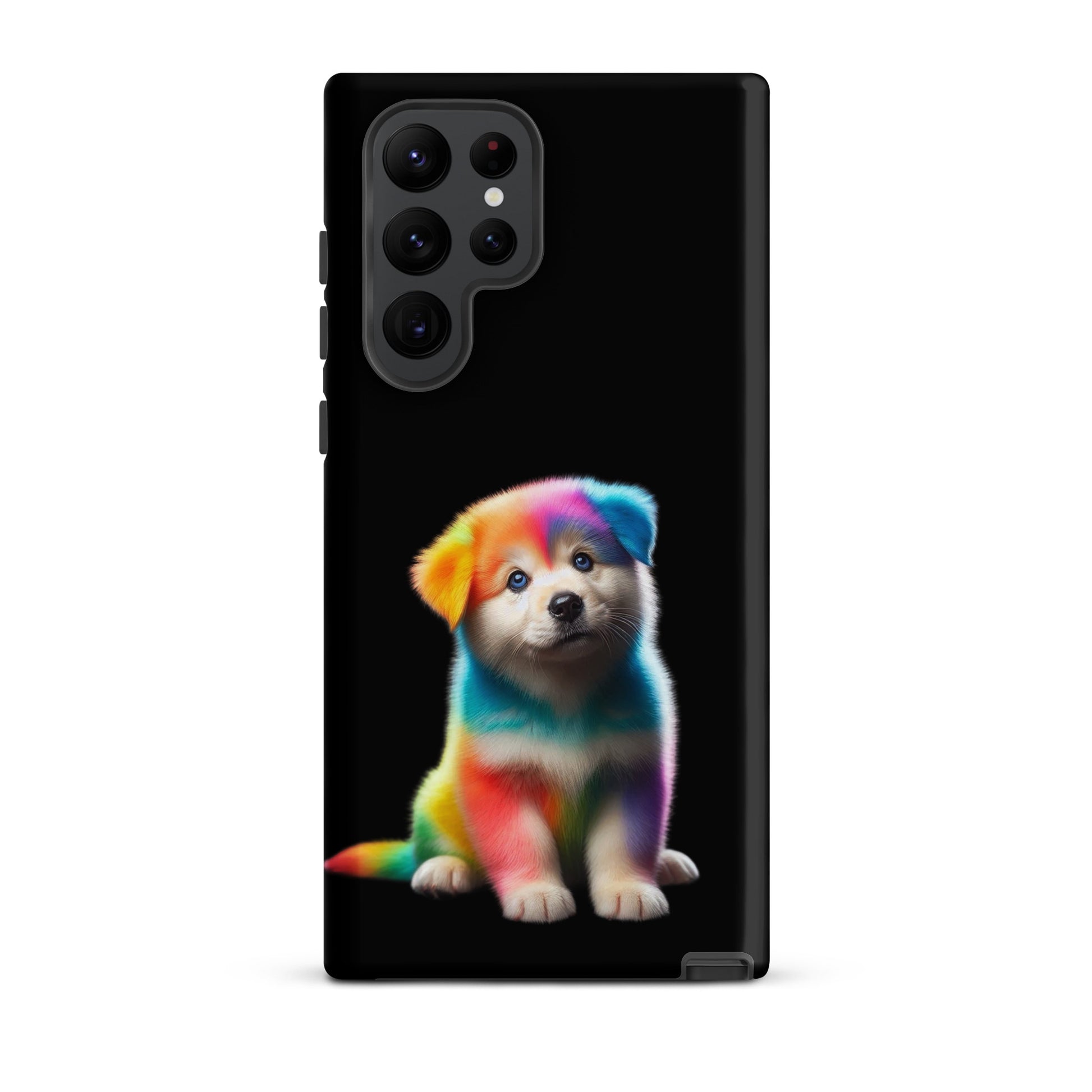 Phone Case for Samsung Galaxy featuring a vibrant rainbow puppy design on a black background.
