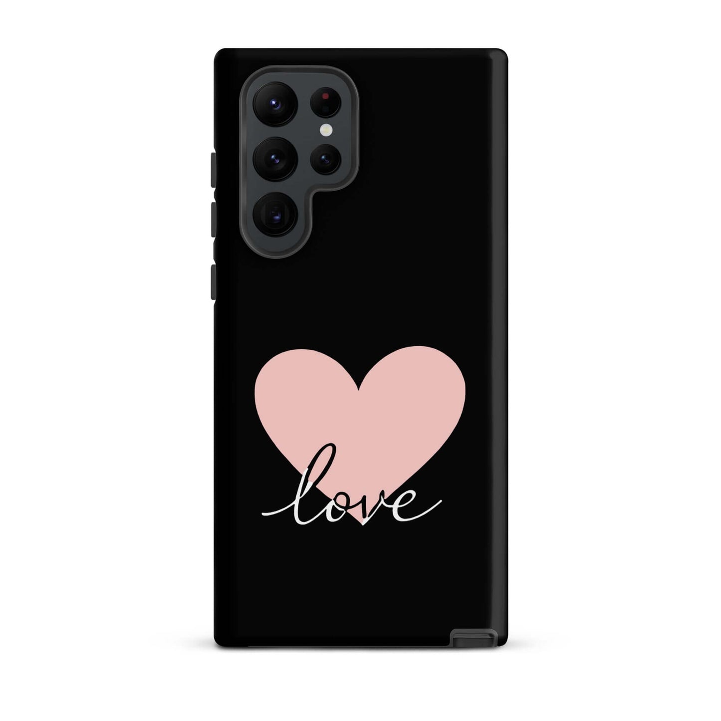 Phone Case Samsung Galaxy with heart and script love designs on a black background.