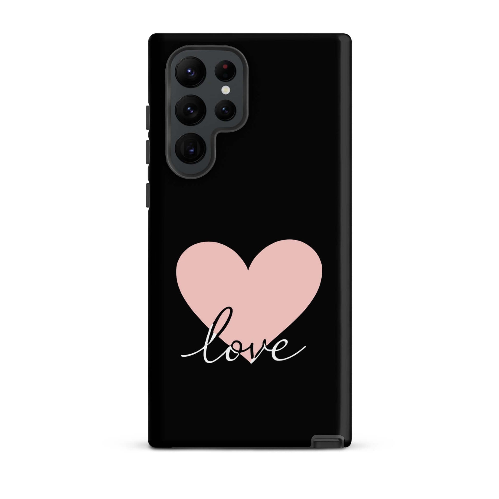 Phone Case Samsung Galaxy with heart and script love designs on a black background.