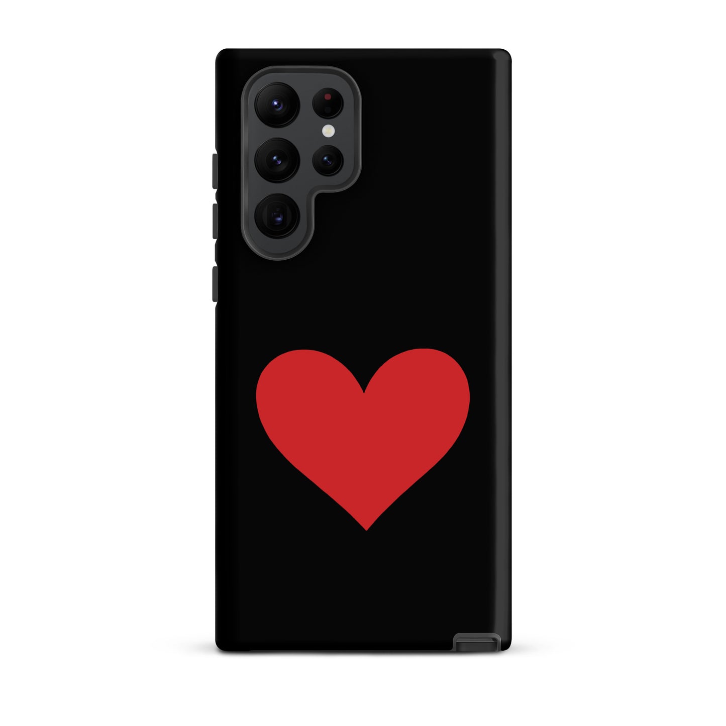 Phone Case for Samsung Galaxy with a bold red heart design on a black background.